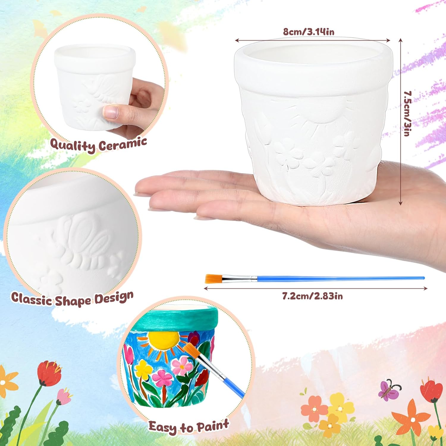 Pasimy 6 Set Ceramics to Paint DIY Ceramic Succulent Planter Pots Paint Your Own Flower Pots Craft Kit Unpainted Bisque Flowerpot with Brush Palette for Family Activity Holiday Gifts(Classic)
