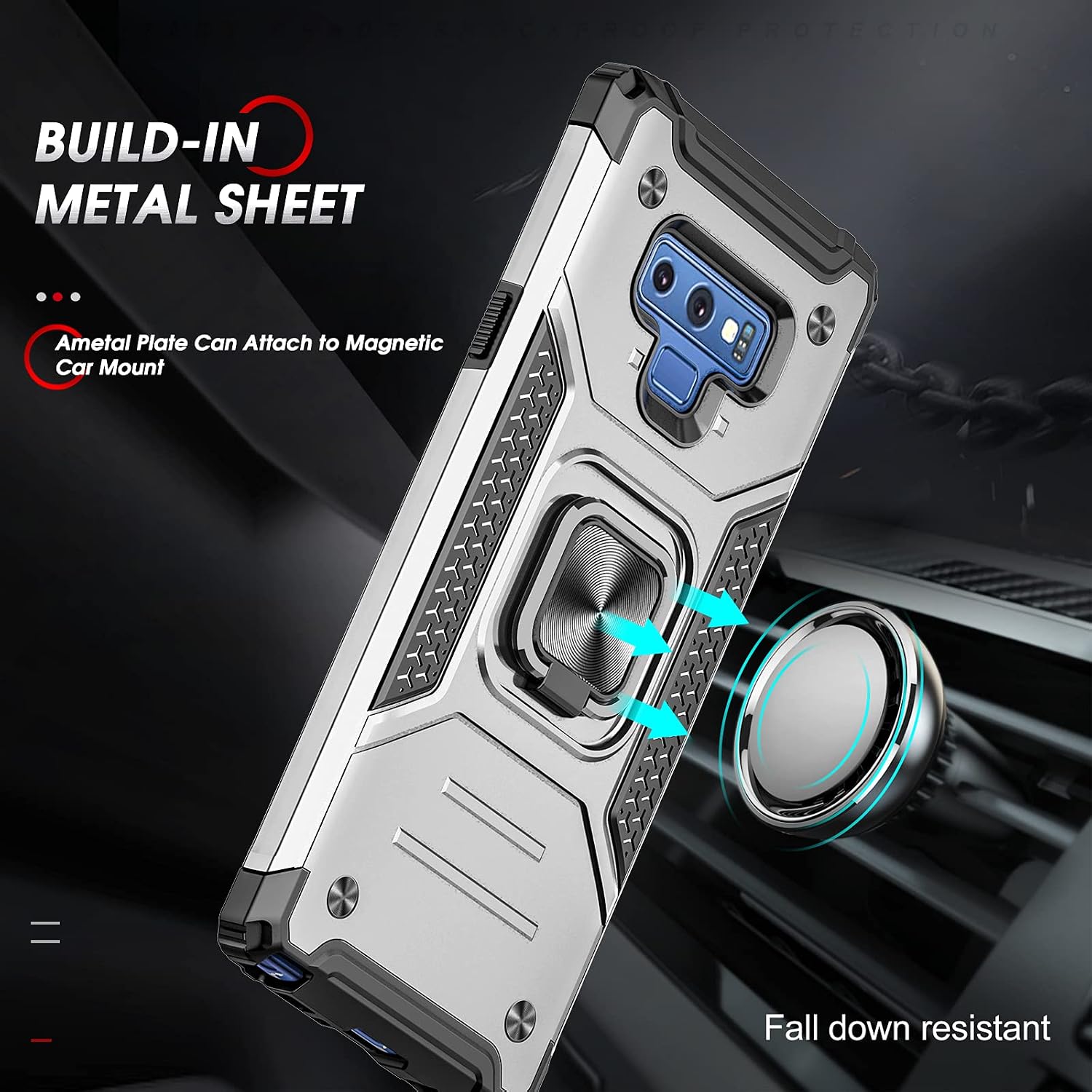LeYi Galaxy Note 9 Case, Samsung Galaxy Note 9 Case for Men Women with [2 x 3D Curved Screen Protector], [Military-Grade] Protective Phone Cover Case with Ring Kickstand for Samsung Note 9, Silver…
