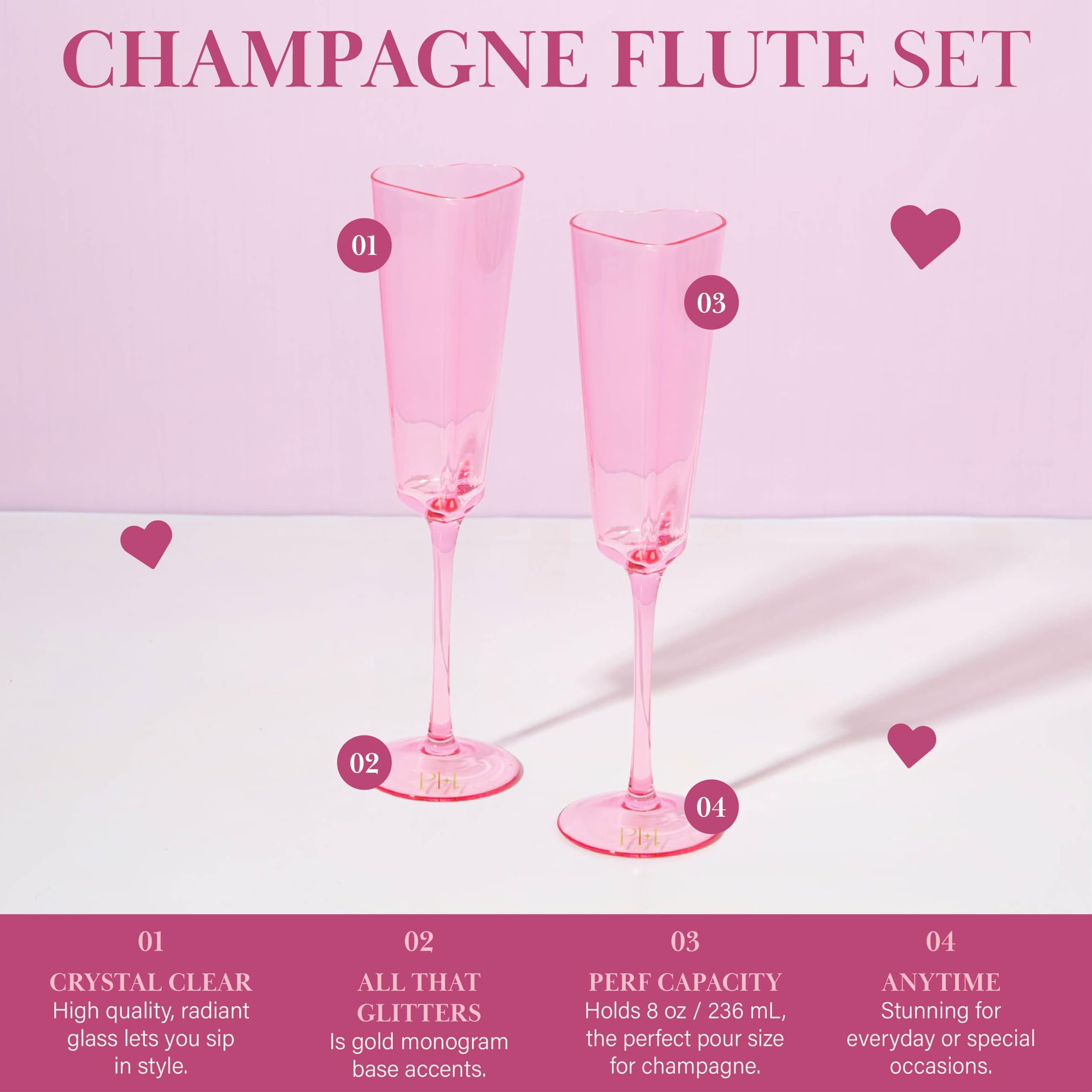 Paris Hilton PH Hearts Collection Lot de 2 flûtes à champagne en forme de cœur Rose