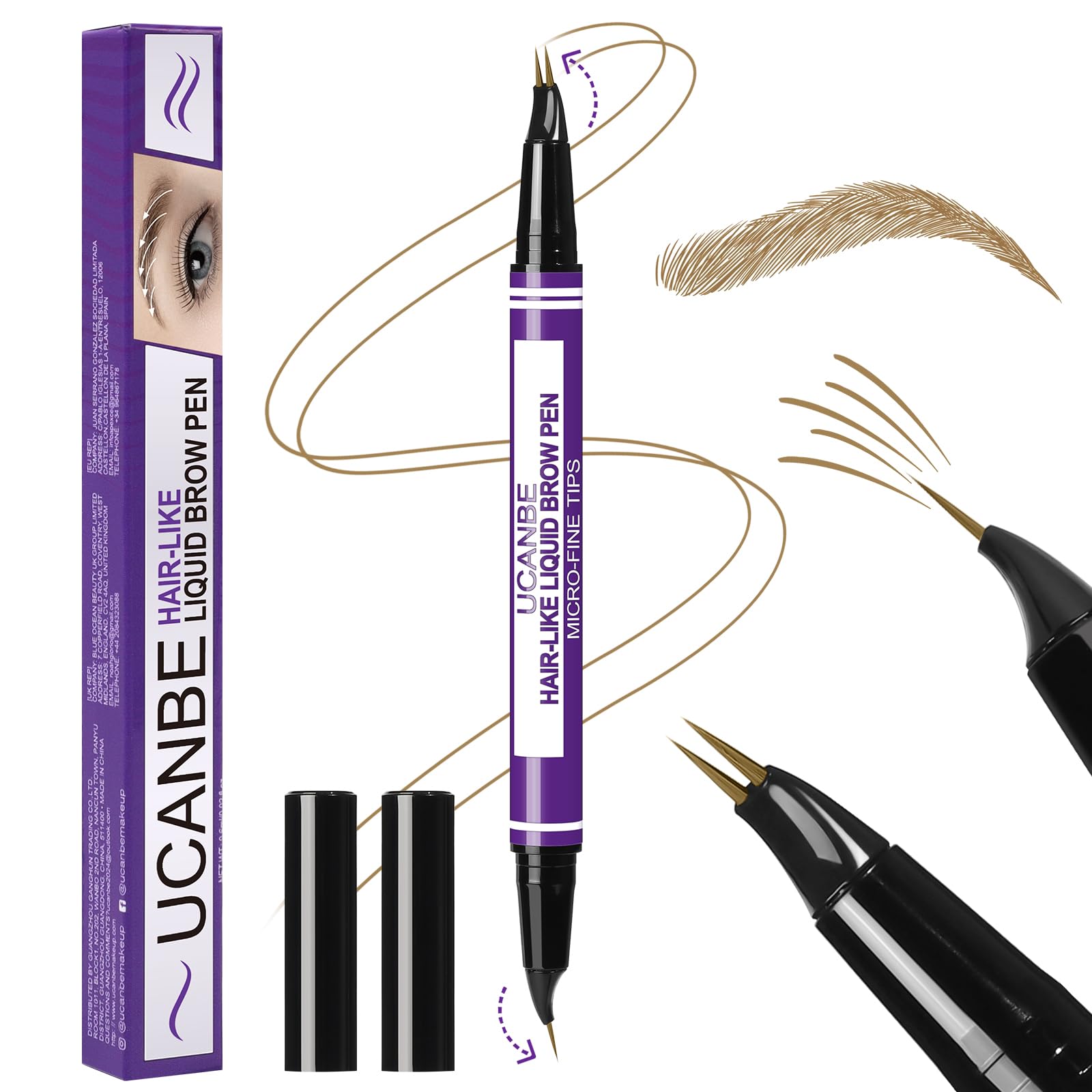 UCANBE Crayon Sourcils 2-en-1 Effet Microblading - Waterproof & Longue Tenue 24H - Stylo Sourcils Double Embout pour Tracé Poil à Poil Naturel - Pointe Fourchette Précise (Brun clair)