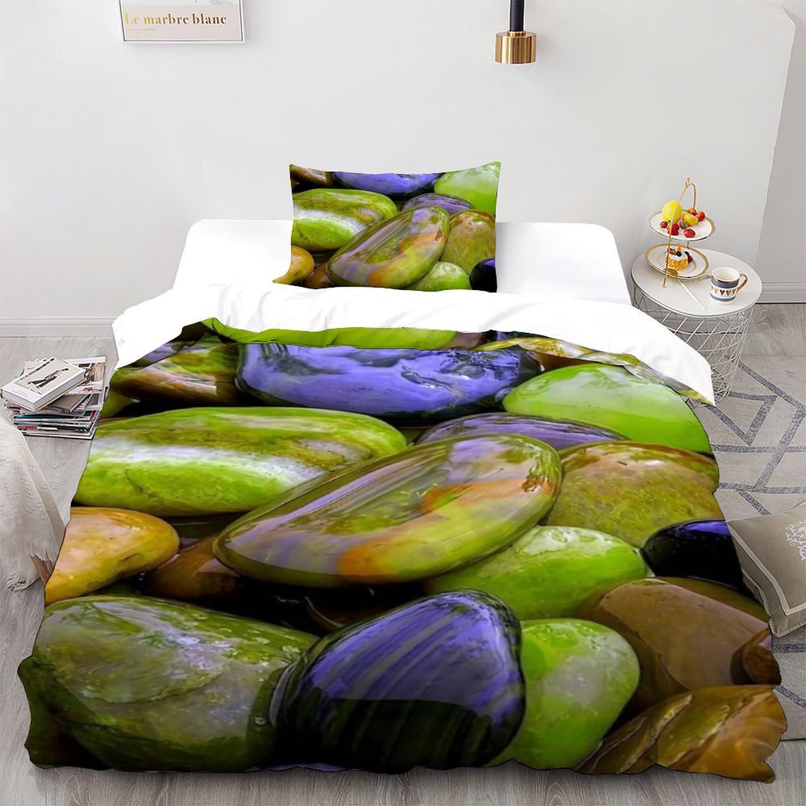 Housse de couette enfant pierres précieuses colorées microfibre 135x200cm lit simple fermeture éclair