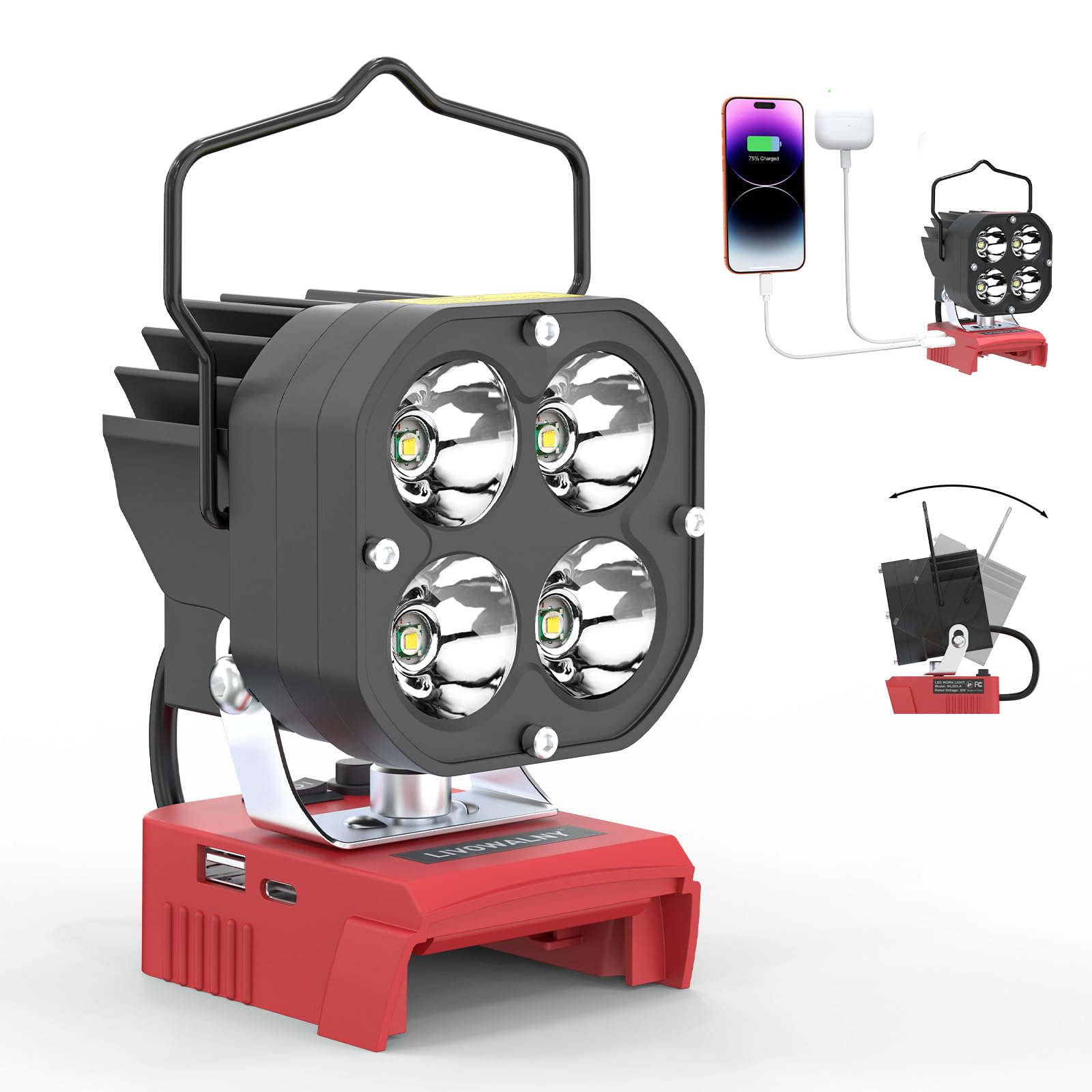 8000LM LED Work Light Compatible with Milwaukee 18V Battery, 60W Tool Only