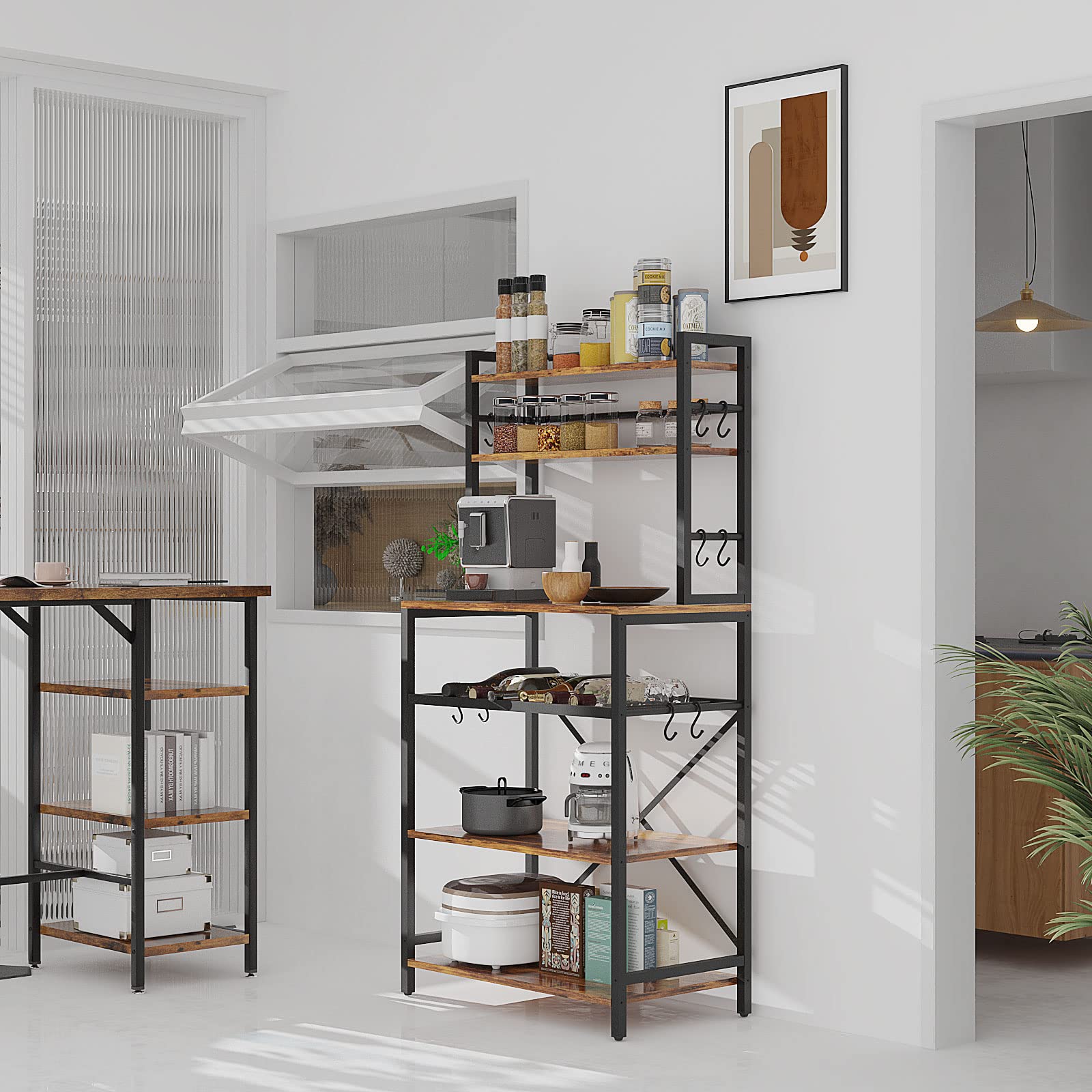 YMYNY Küchenregal, Bäckerregal Standregal mit Haken, Mikrowellenregal mit 6 Ablagen, Weinregal, Industrie Design, Mehrzweck-Organizer, für Mikrowelle, Kochutensilien Braun-schwarz HBR003H