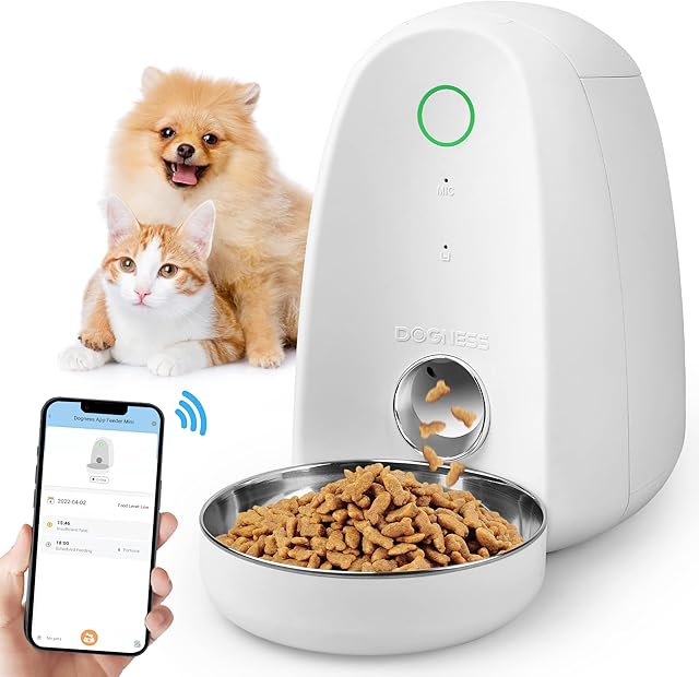 DOGNESS Automatic Cat Feeder with App Control, Smart Cat Feeder with timer, Small Dog Food Dispenser, Enable 2.4GHz Wi-Fi, 1-6 Meals per Day, Portion Control, 10s Voice Recording2L, White)