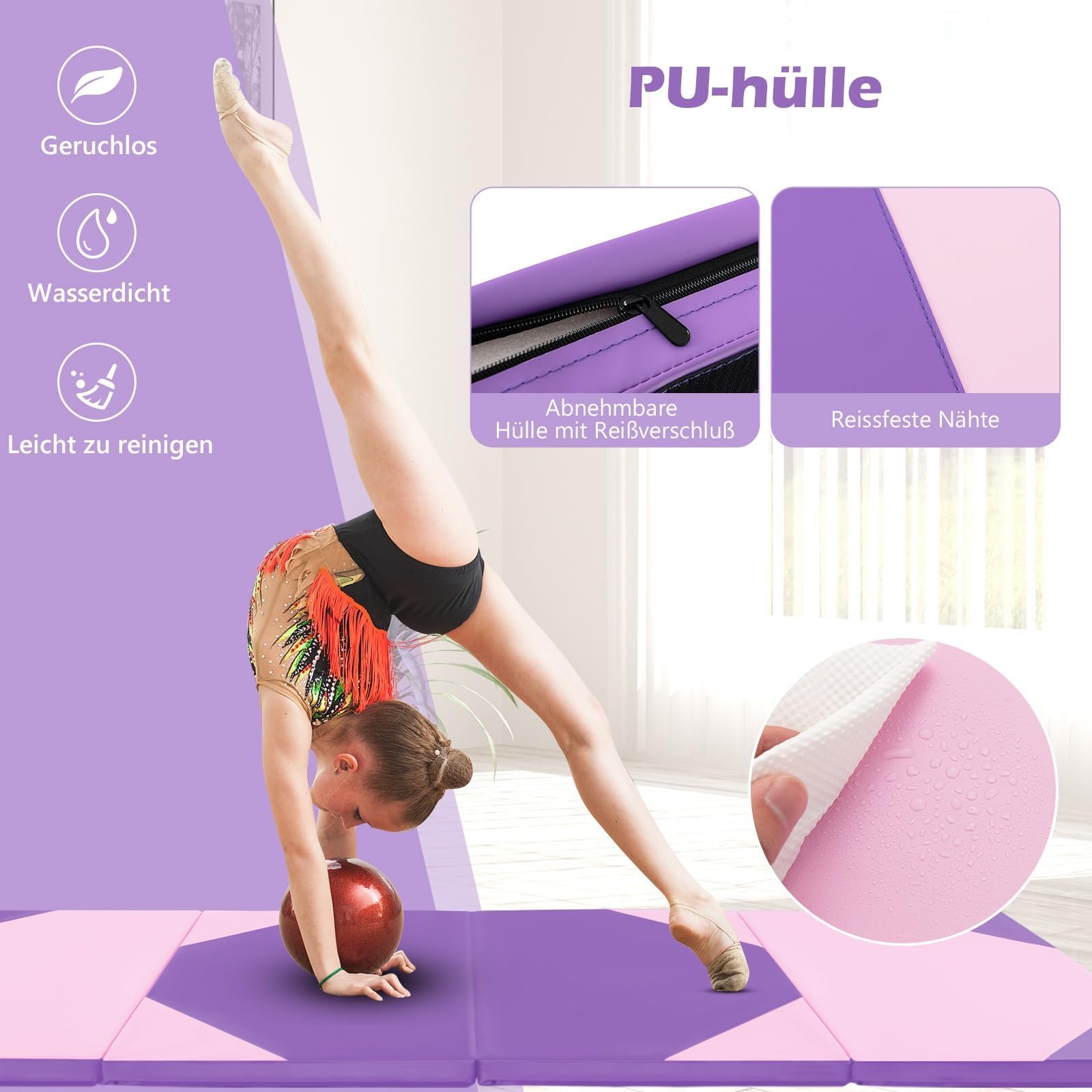 FANTASK Tappetino morbido da yoga, pieghevole, da ginnastica, portatile, 240 x 120/300 x 120 cm