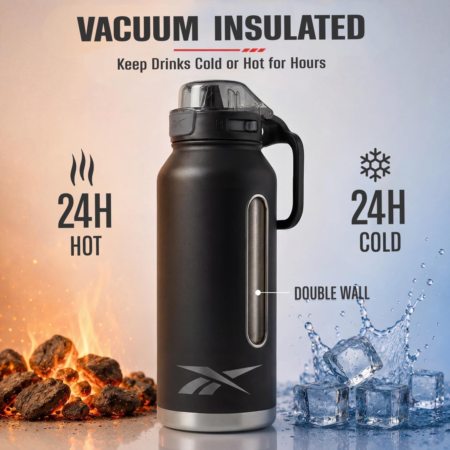Reebok 32 oz Insulated Stainless Steel Water Bottle with Straw, Beige | Leak-Proof Locking Lid, Soft Silicone Spout, Clip Handle, BPA-Free