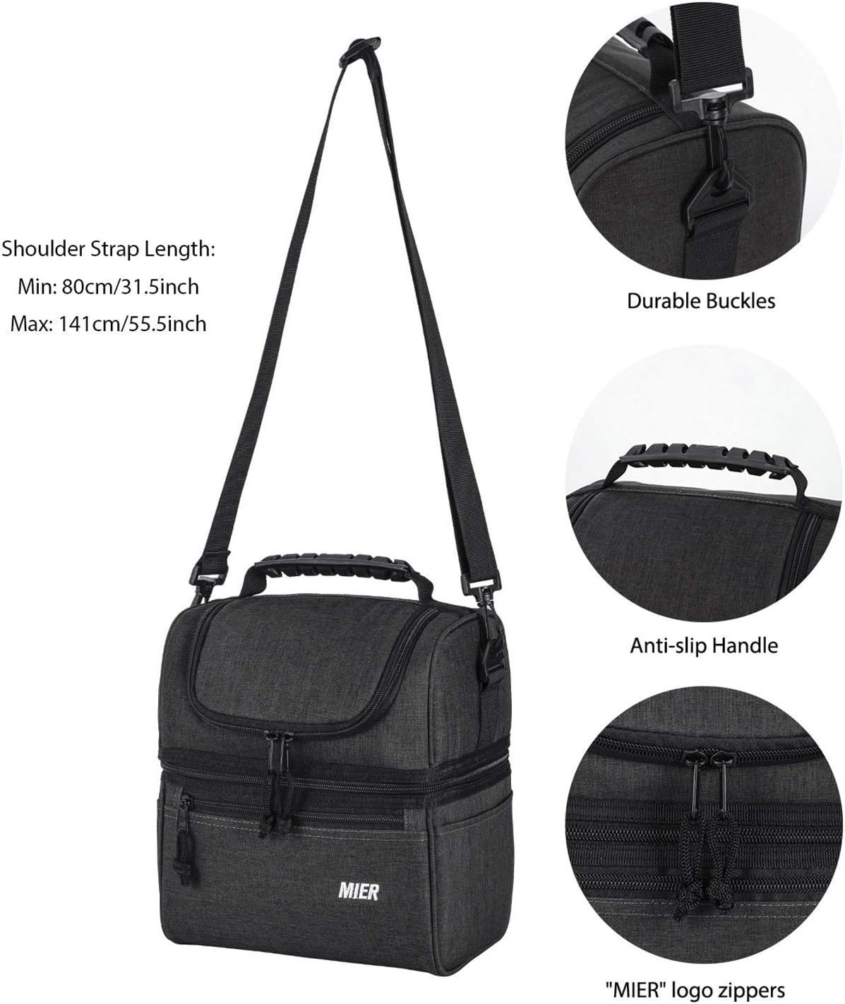 MIER Dual Compartment Lunch Bag Tote with Shoulder Strap for Men and Women Leakproof Insulated Cooler Bag for Work
