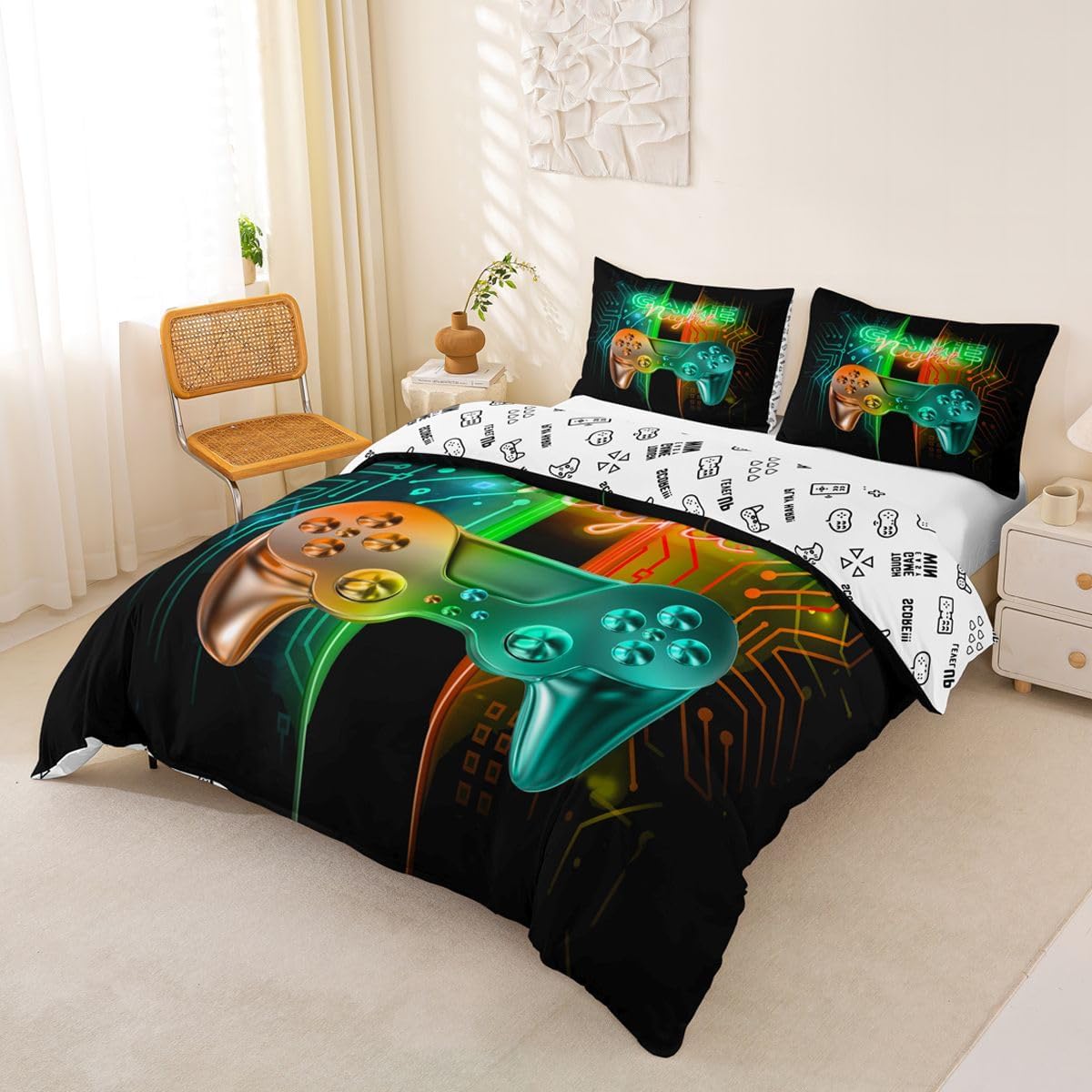 Gaming Duvet Cover Set King Size Kids Video Game Gamepad Bedding Set for Boys Teens Bedroom Decor Soft Gamer Console Game Joystick Comforter Cover Game Controller Bedspread Cover with 2 Pillow Case