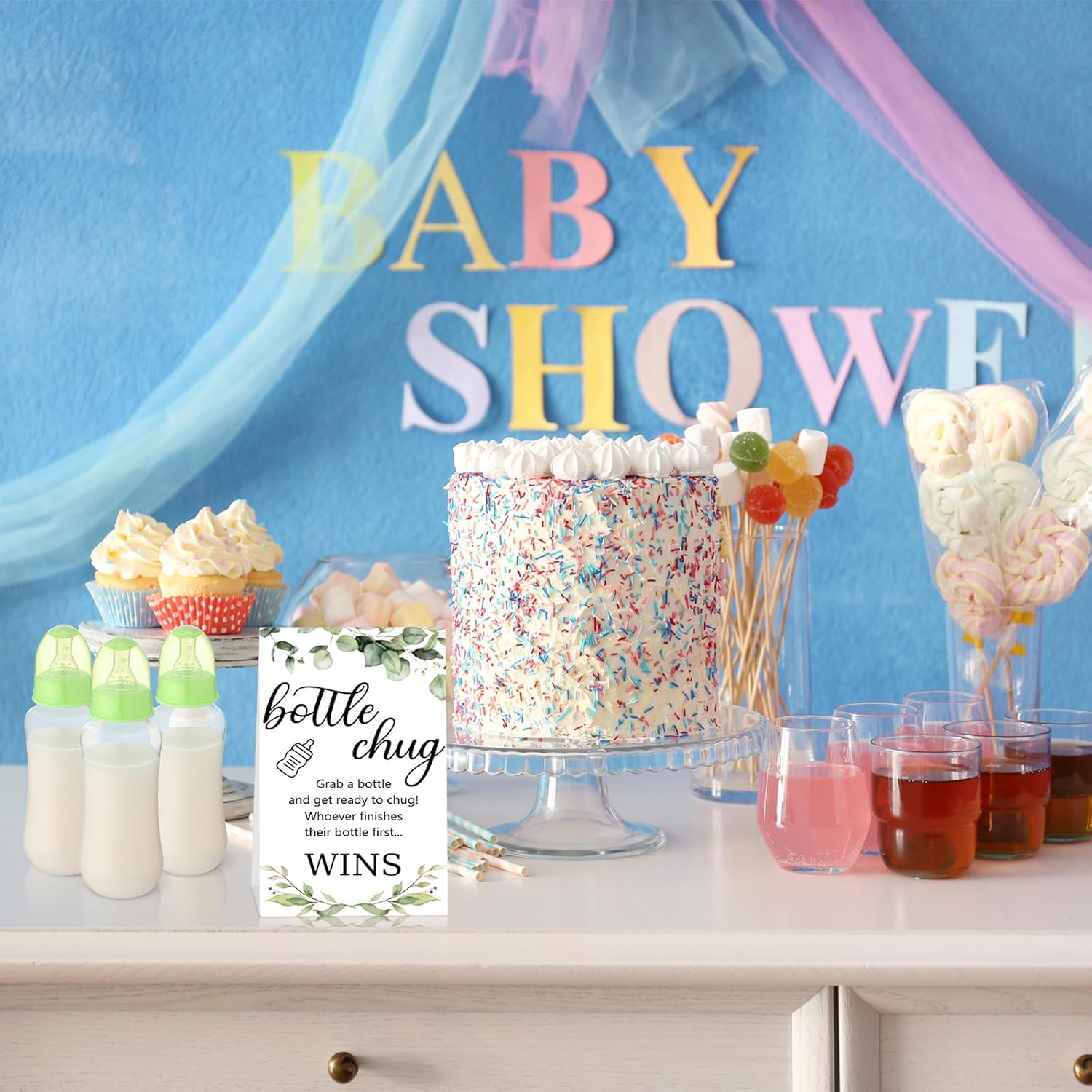 TrelaCo Cool Baby Shower Games Sets 12 Pcs Bottles with 1 Bottle Chug Sign for Gender Reveal Baby Shower Party Favors Decoration Games(Leaves,Green)