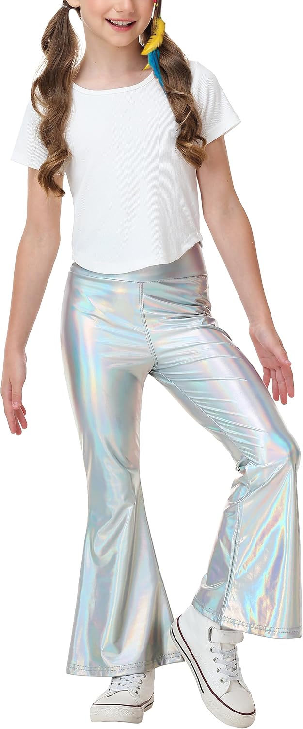 Girls Shiny Flare Pants Disco Dance Bell Bottoms Leggings 5-14 Years