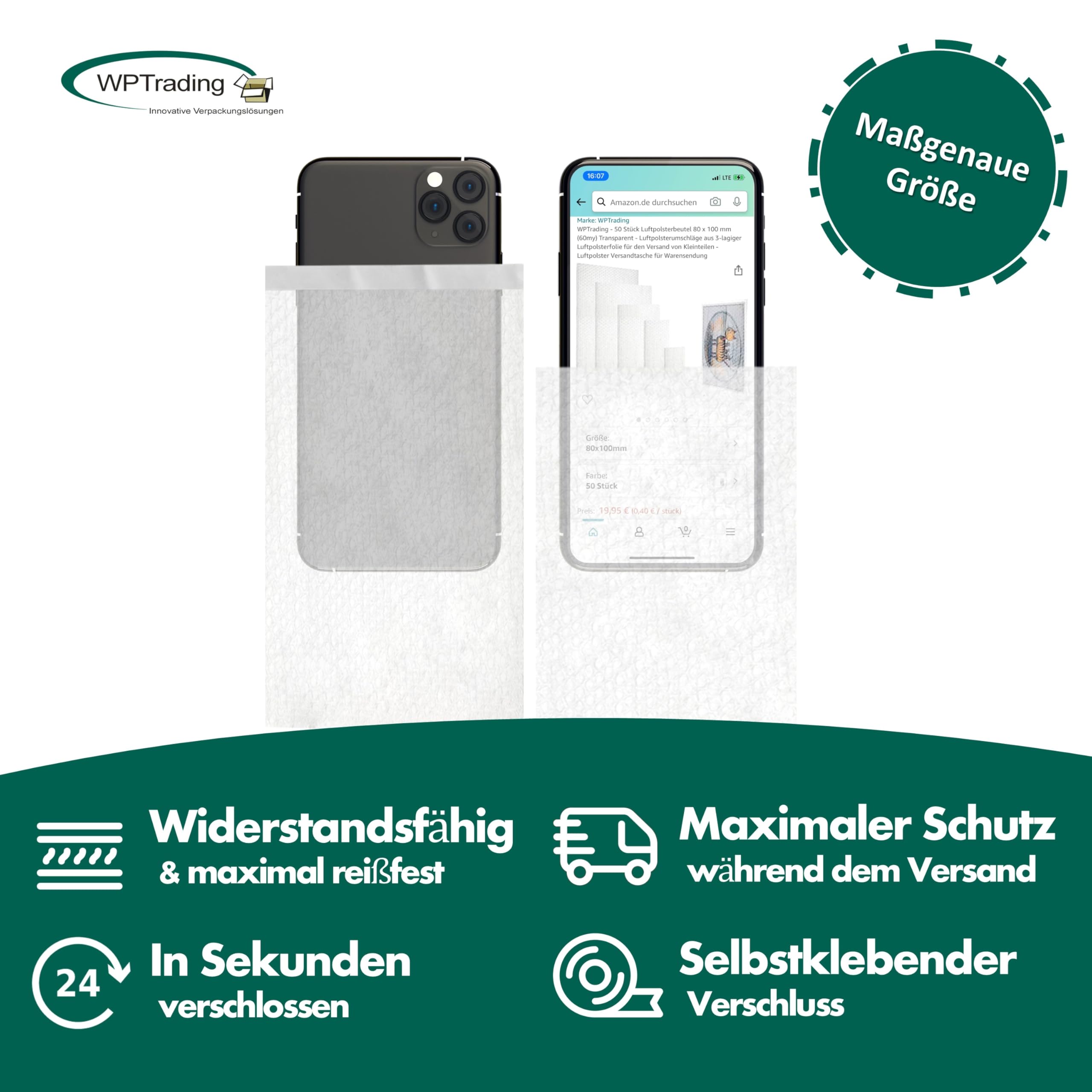 100 Stück Luftpolsterbeutel 400 x 400 mm (60my) Transparent selbstklebend - Luftpolsterumschläge aus 3-lagiger Luftpolsterfolie für Gläser, Bücher & CDs - Versandbeutel für Warensendung