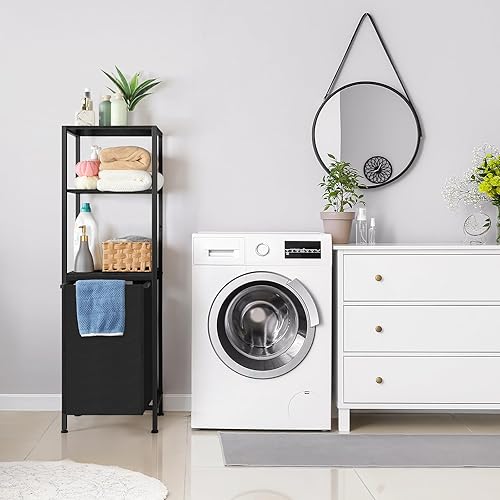 Miniatura 2 de Cesta negra para la ropa, organizador de cesta de lavandería, clasificador de ropa con estante de 3 niveles, estante de baño independiente con