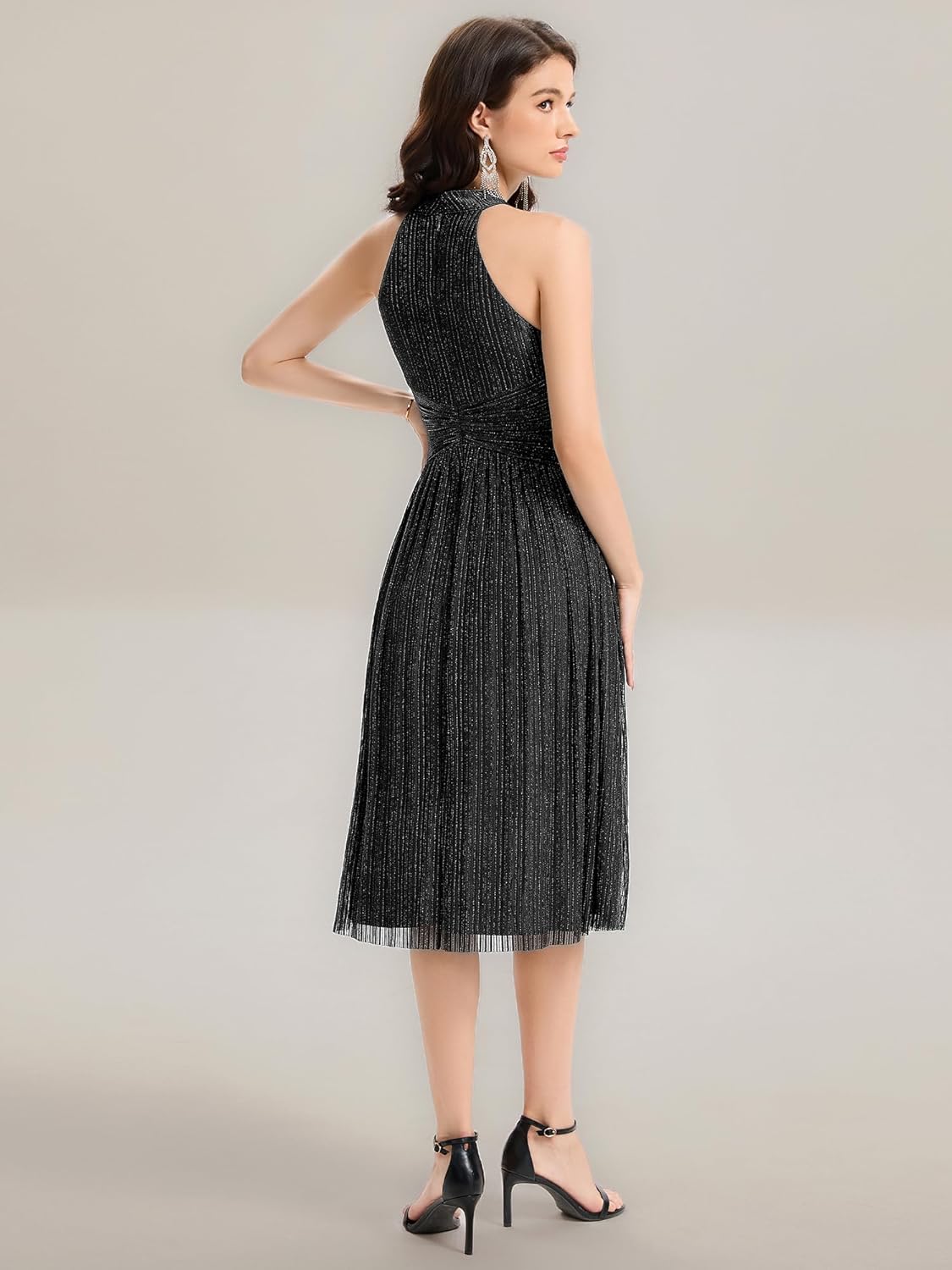 Ever-Pretty Women's Glitter Halter Cocktail Dresses Sleeveless Pleated Midi Semi Formal Dress 41962 - Image 2