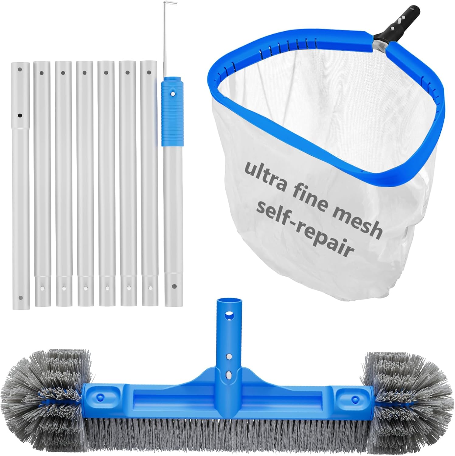TidyMister Pool Cleaning Kit Full Set - 17.5'' Self-Repair Pool Nylon Net Ultra Fine Mesh & 17.5'' Detachable Round End Pool Brush & 10 Ft Pool Pole with Hook, for Above Ground In-ground Pools, Spas