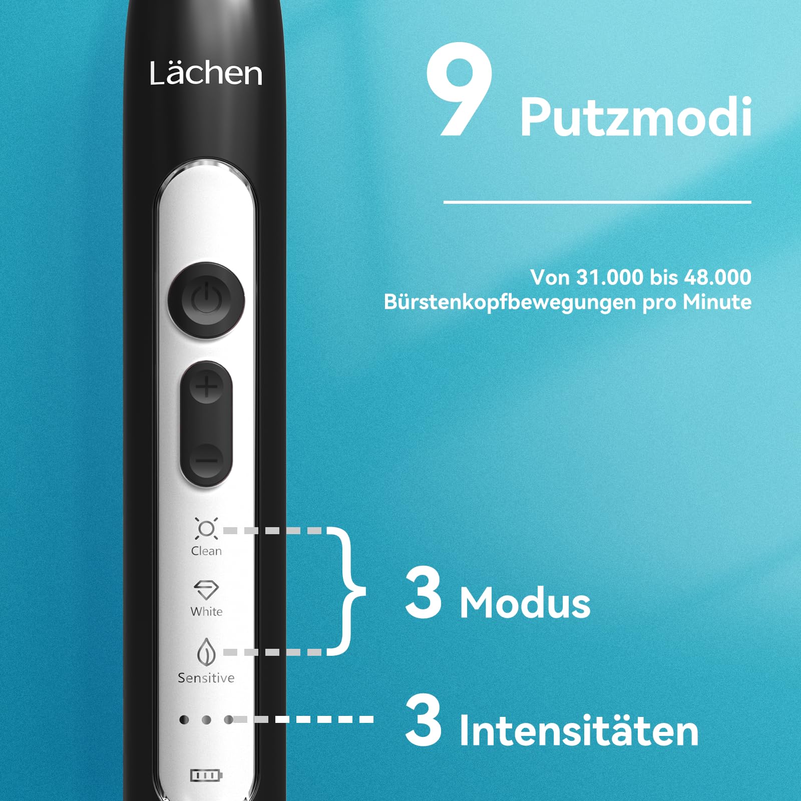 Lächen Spazzolino elettrico sonico con 4 testine e timer, 3 modalità e 3 livelli di vibrazione con borsa da viaggio (nero)
