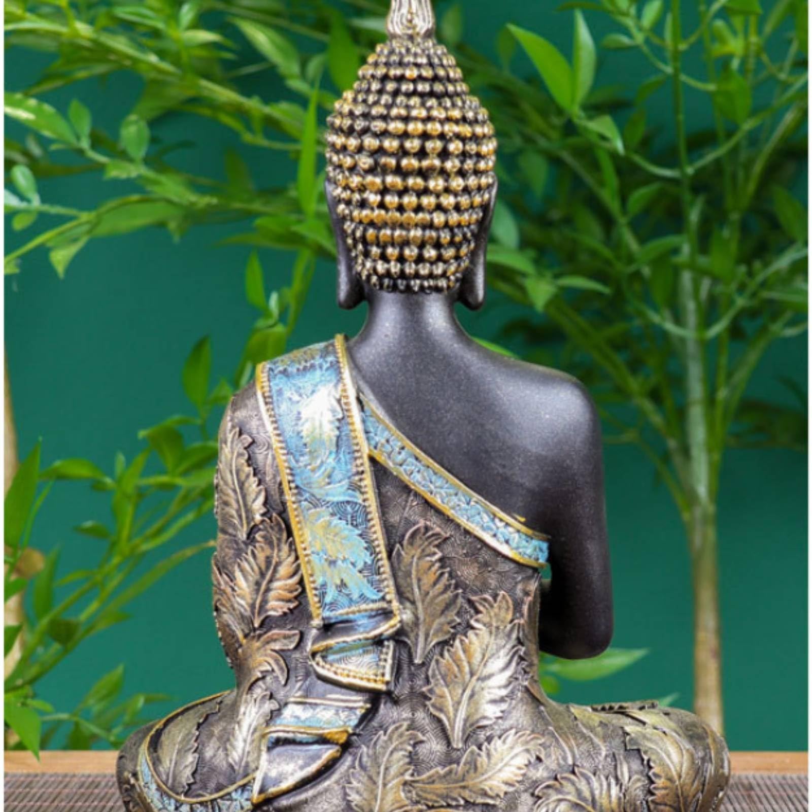 Colcolo Estatua Buda Decorativa Figura Escultura Ornamento Imagen Resina Artesanal con Túnica Ornamentada sobre un Hombro Cuerpo Oscuro Gran Detalle Adecuada