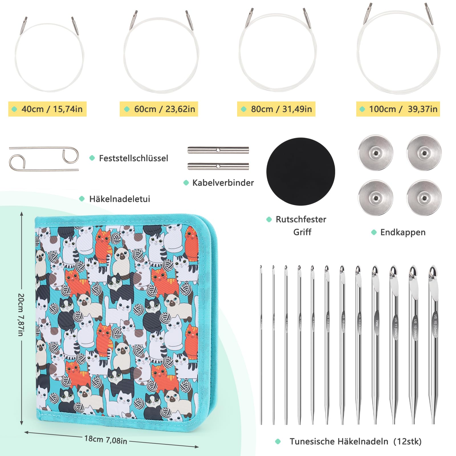 Coopay Set di 12 Uncinetti Tunisini Intercambiabili, 3,0-10,0mm con Filo da 40/60/80/100 cm, Uncinetto per Principianti e Professionisti, Uncinetto Afgano per Tappeti, Maglioni, Sciarpe, Blu