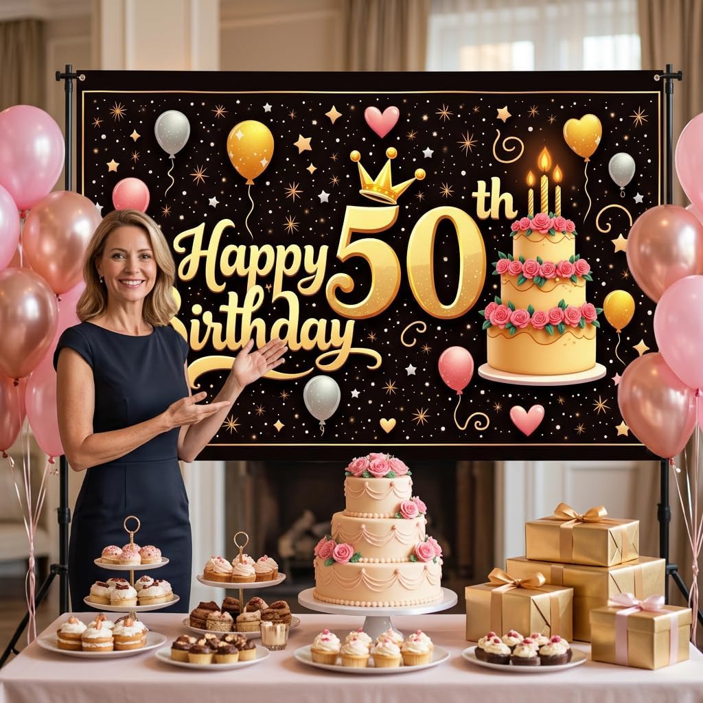 Black and Gold 50th Birthday Banner Backdrop - 70.9 x 43.3 Inch image 5