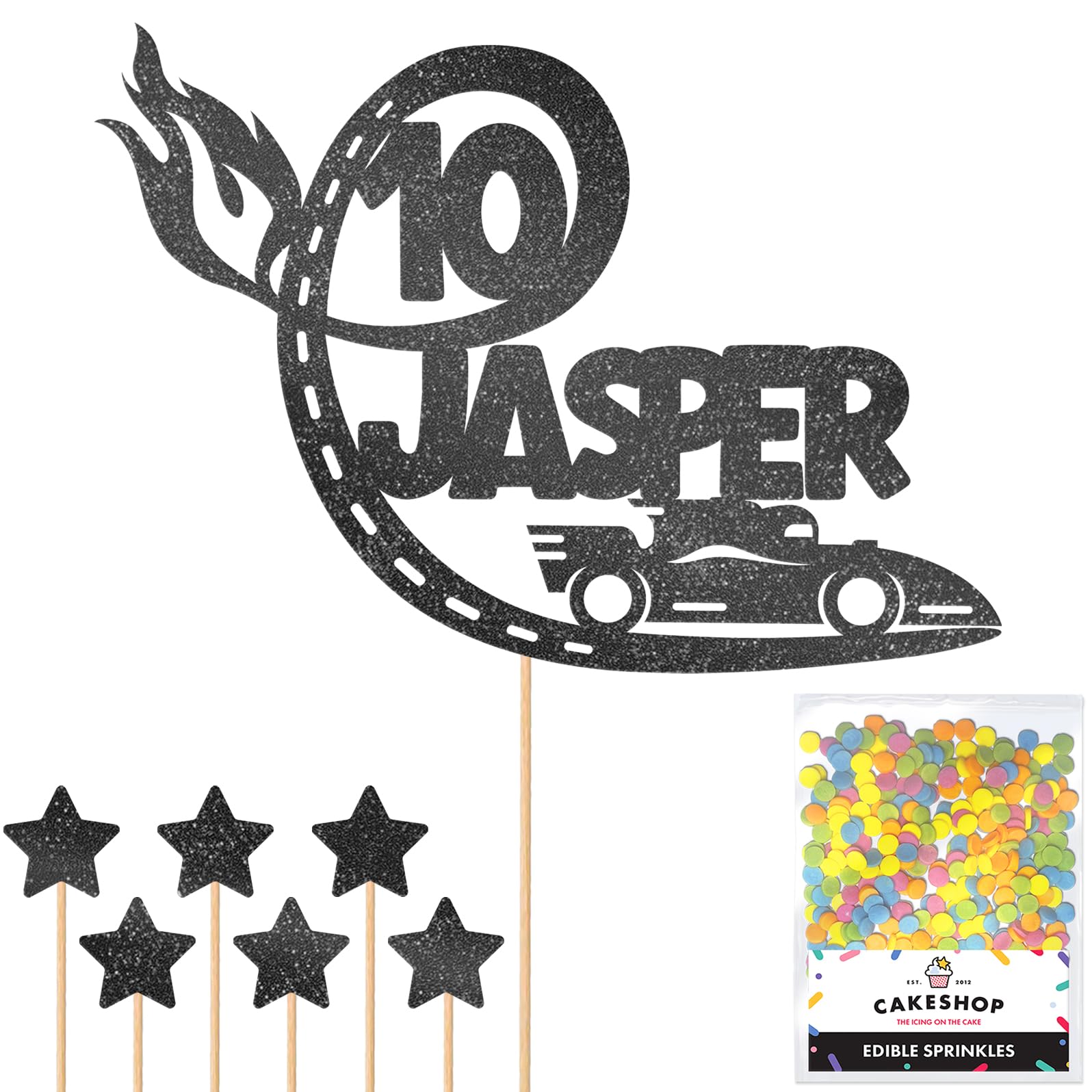 Personalised F1 Motor Racing Car Glitter Cake Topper - Black Custom Age & Name Glitter Cake Decoration and Sprinkles - Happy Birthday Decorations - Personalised Toppers for Cakes by Cakeshop — image 1