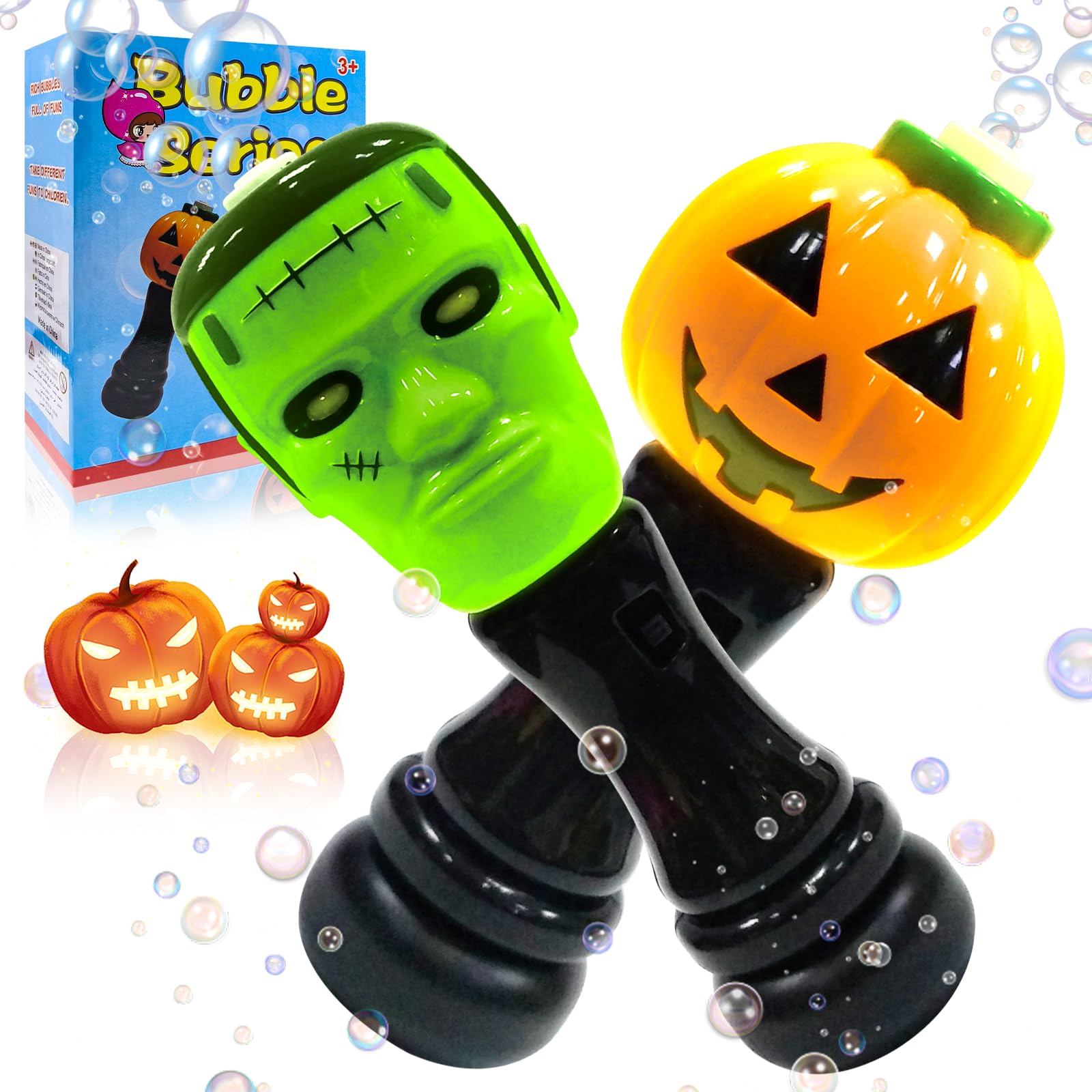 2 PCS Halloween Bubble Blower Wand for Kids, Automatic Light Up Pumpkin and Science Freak Bubble Machine Halloween Party Favors Decor Gift for Kids