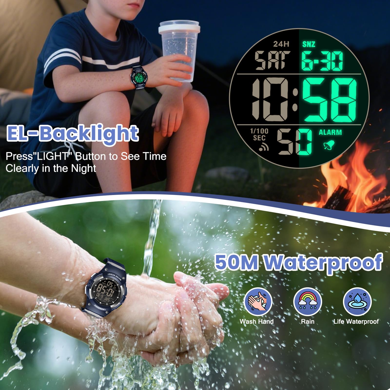 Timever Reloj Digital niños con Correa de Silicona, Resistente al Agua a 5 ATM, Reloj Deportivo con Alarma, cronómetro, Fecha, luz, Hora Dual, Cuenta Regresiva