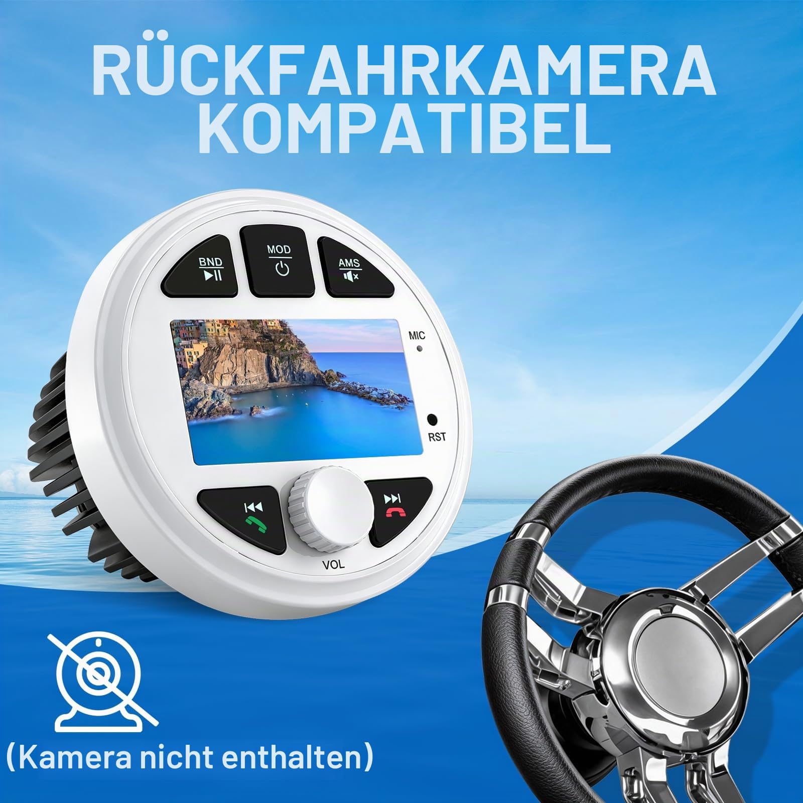 AM/FM Radio Stereo MP3 Player Media Empfänger Wasserdicht für Boote, Yachten Marineboote,3-Zoll-LED-Display,Ansicht der Rückfahrkamera anzeigen