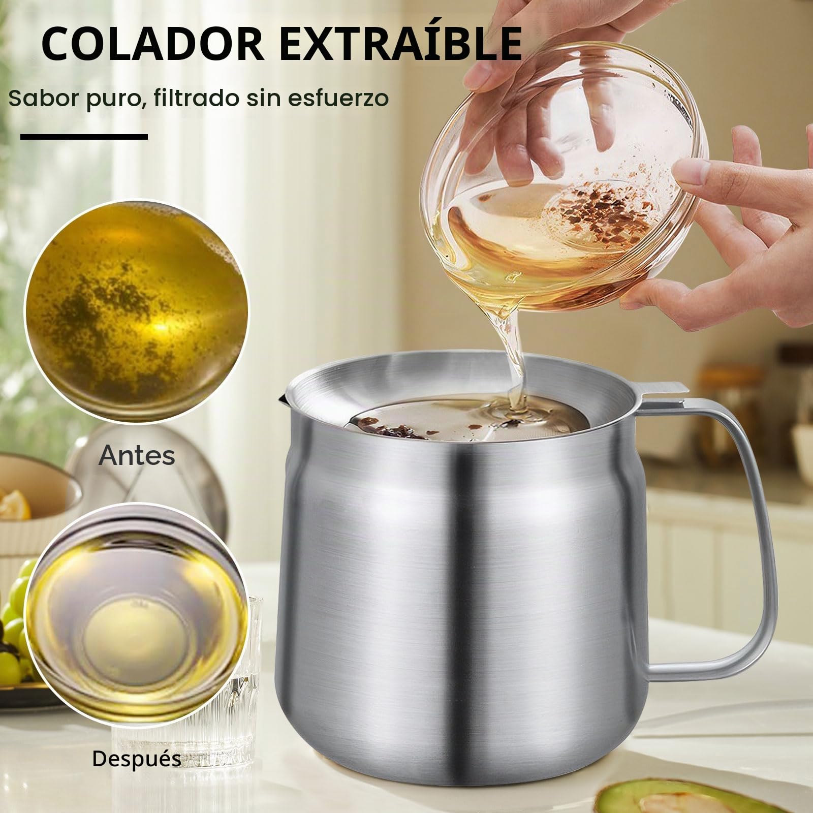 Olla de filtro de aceite de acero inoxidable 304 con cesta de filtro y malla, tapa a prueba de polvo y bandeja antideslizante con asa para almacenar, freír y cocinar grasa (1,5 L)