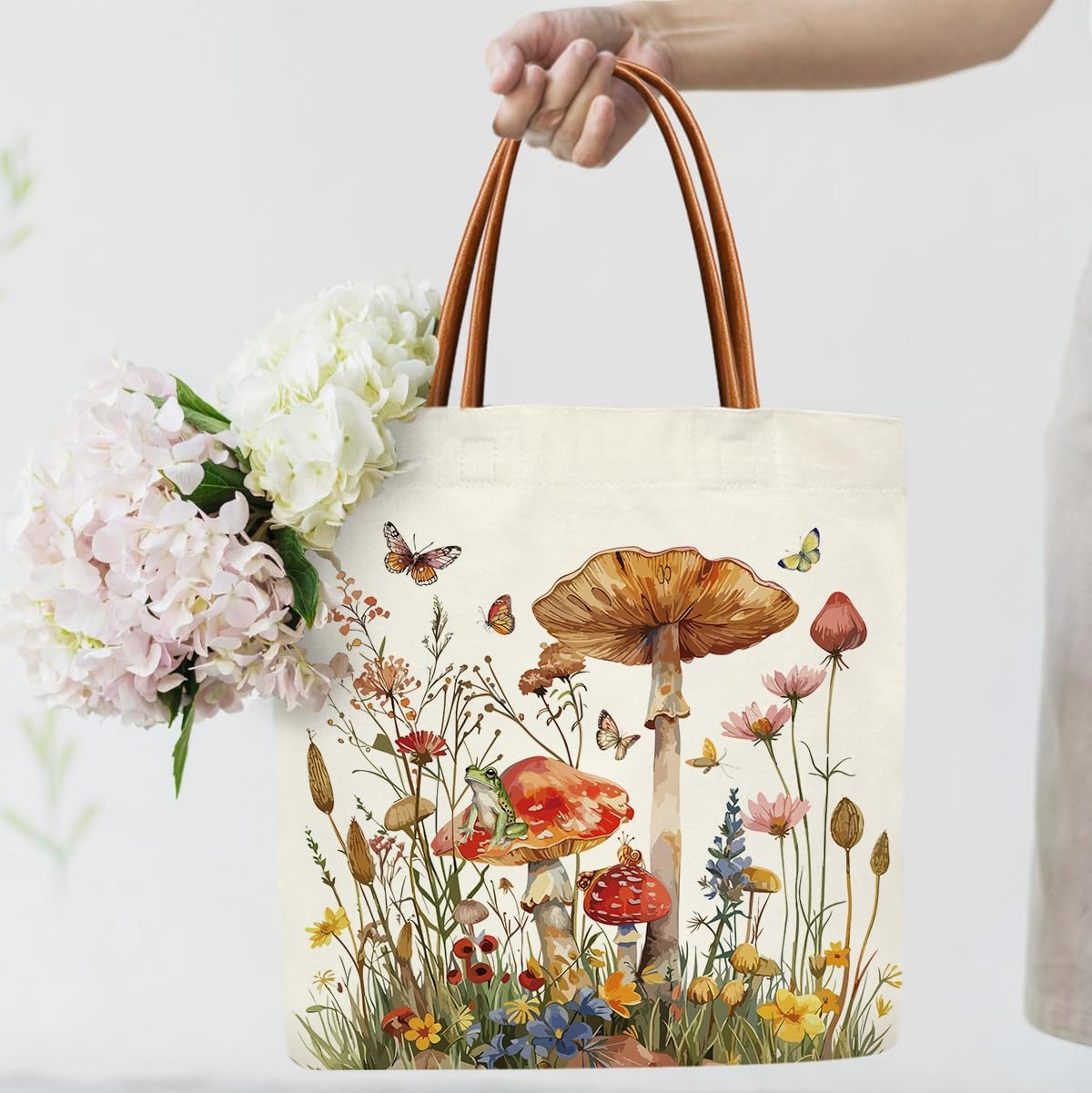 Mushroom Floral Canvas Tote Bag for Women, Butterfly Aesthetics Tote Bag, Mushroom Gifts for Women Reusable Christmas Gifts Beach Bags -06 - Image 2