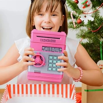 Electronic ATM Encrypted Automatic Paper Money Receiving Safe Piggy Bank (Pink)