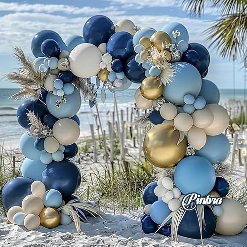 Miniatura 5 de Guirnalda de globos azul marino, doble relleno, globos de arena azul polvoriento, dorado y blanco, kit de arco de látex metálico beige crema para