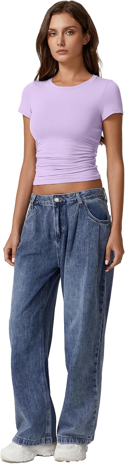 QINSEN Short Sleeve Shirts for Women Round Neck Basic Double Lined Tees Fitted Y2k Crop Tops - Image 6