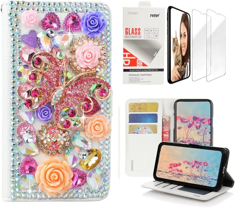 STENES Bling Wallet Phone Case Compatible with LG Stylo 5 / Stylo 5V / Stylo 5 Plus - Stylish - 3D Handmade Retro Butterfly Rose Floral Leather Cover with Screen Protector [2 Pack] - Pink