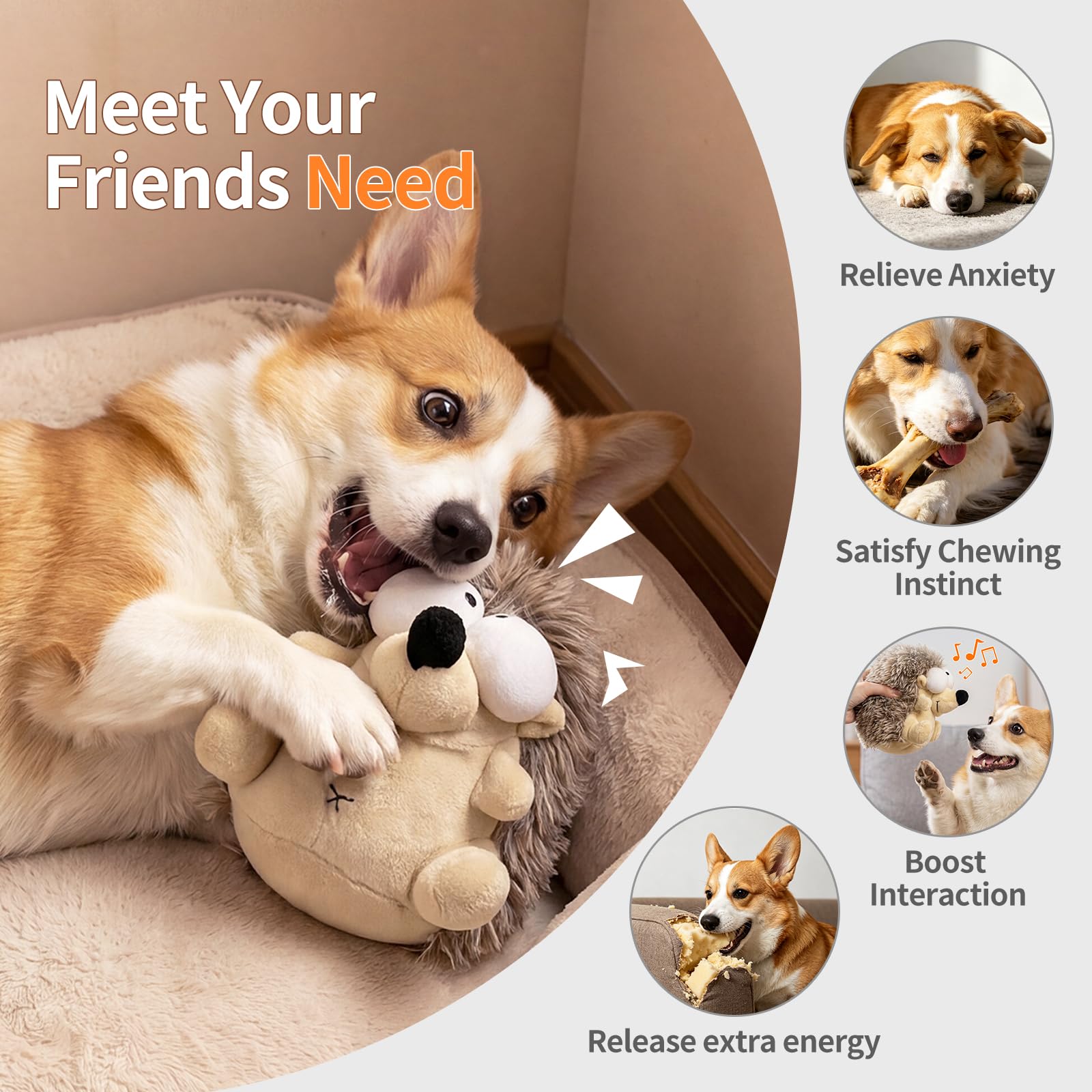 Jouet interactif pour chien, jouet couineur en peluche pour les garder occupés, jeu autonome avec balle vibrante et rebondissante rechargeable pour chiens de petite/moyenne taille - Hérisson