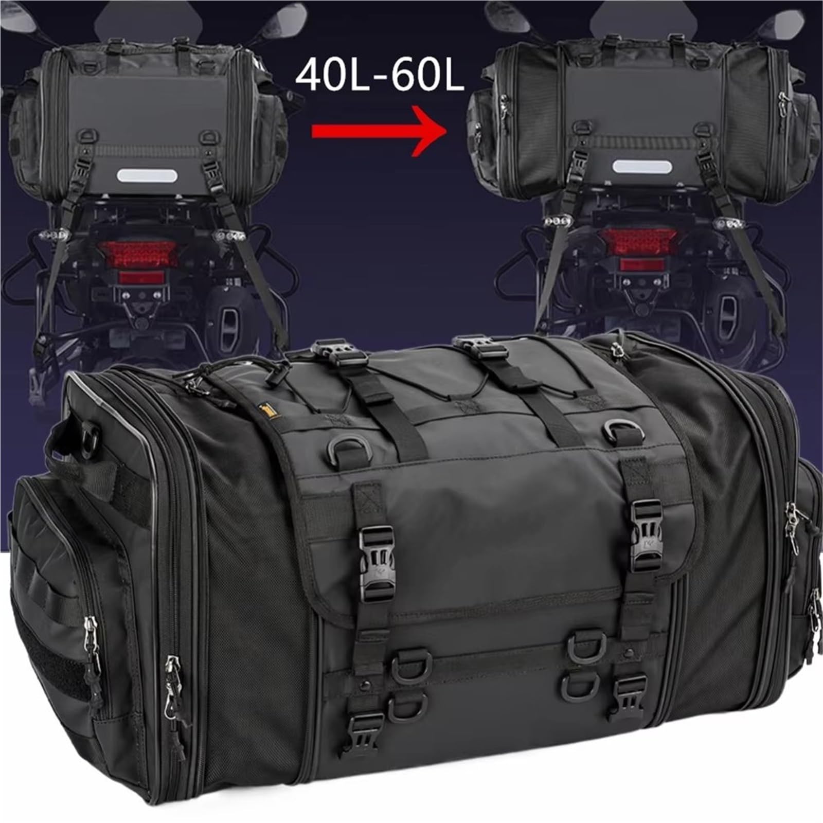 Sacoche arrière de Moto Universel pour Benelli Sacoche De Selle Moto en PVC Étanche 20-40-60L Arrière Sac de Selle Moto(1 Piece Black 40L-60L)