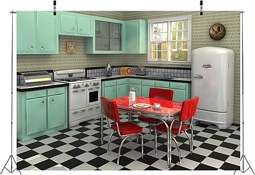 Miniatura 3 de Loccor Telón de fondo retro de tela de 7 x 5 pies para fotografía, habitación, muebles de hogar, escenario interior, fondo de escena de los años 50,