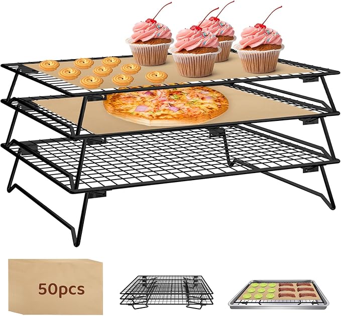3 Tier Stackable Cooling Rack for Cooking and Baking, Wire Rack for Baking Sheet w/50 Parchment Papers, 13.4" x 9" Cookie Cooling Rack for Pizza, Bread, Cake,Veggie,Jerky, Drying Baking Rack
