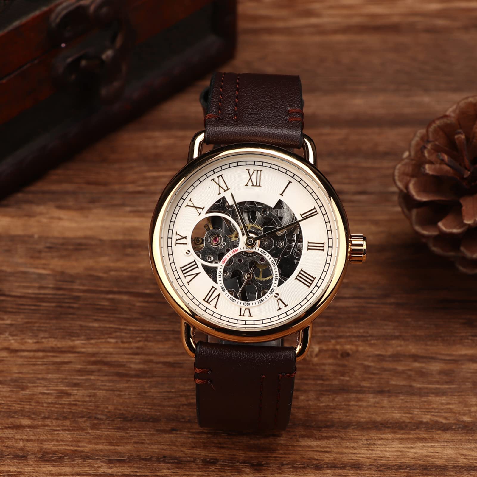 Annadue Orologio Meccanico a Scheletro per Uomo, Acciaio Inossidabile 46mm