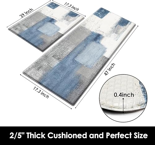 Miniatura 2 de Juego de 2 tapetes de cocina antifatiga, color azul marino, gris, abstracto, acolchado, impermeable, antideslizante, tapete ergonómico de espuma