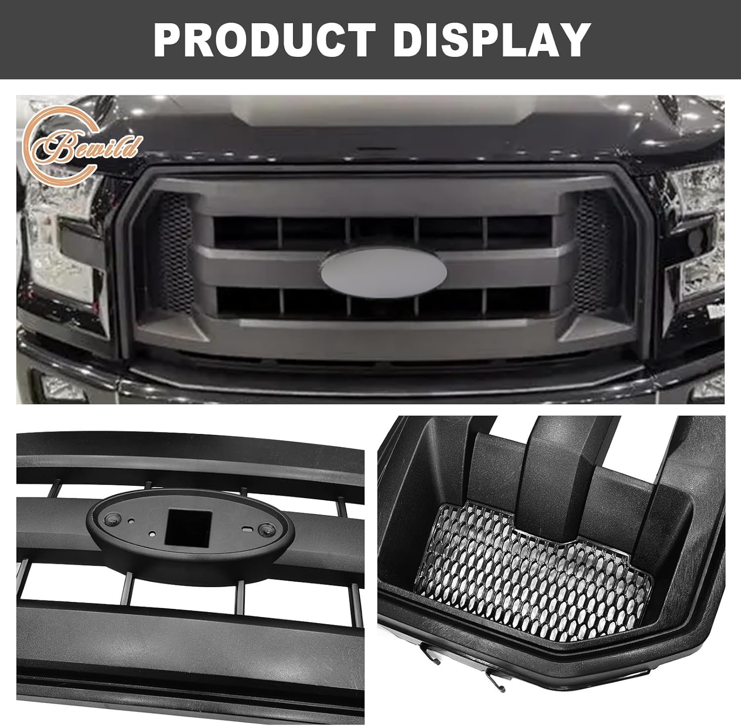 Bewild Front Bumper Grille Assembly Compatible with 2015 2016 2017 Ford F150 Centre Bumper Painted Black Housing and Insert Grille Assembly Shroud