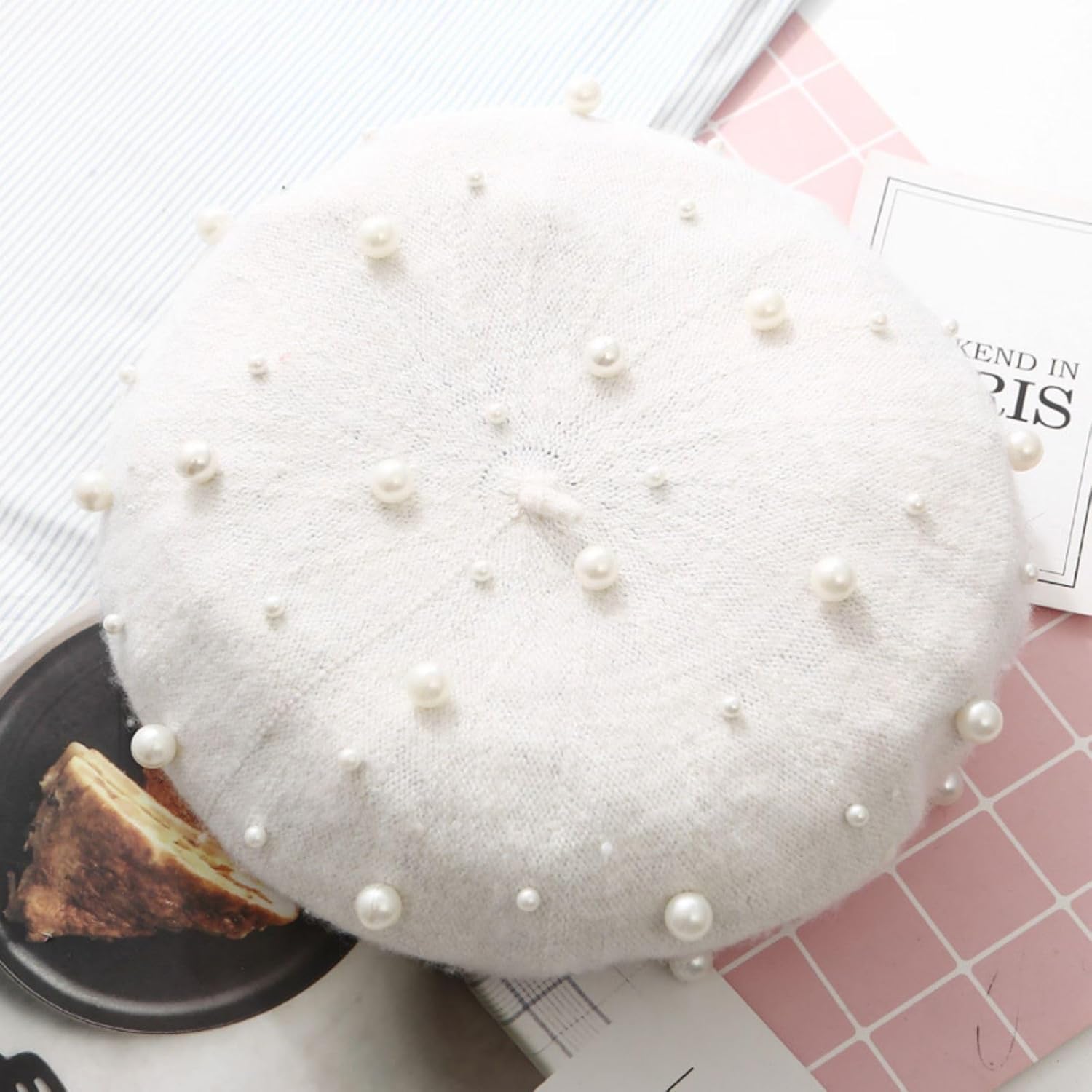 Women Beret Pearl Elegant Sweet Artist French Style Beret Beanie Cap - Image 5