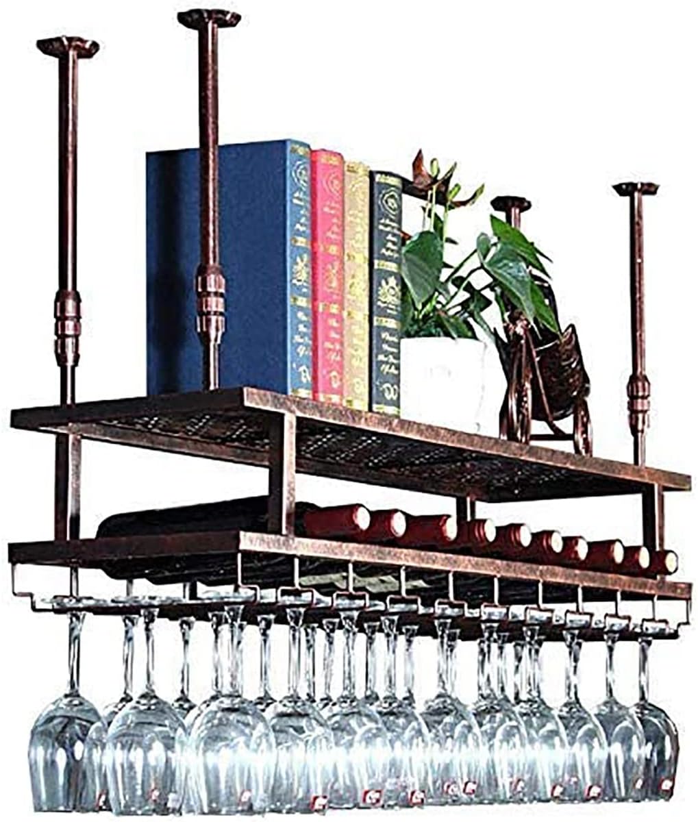 Ceiling Wine Glass Rack Vintage Ceiling Iron Wine Rack,Adjustable Height,Goblet Stemware Holder,Big Capacity Storage Shelf Organization,for Bars Restaurants and Kitchens