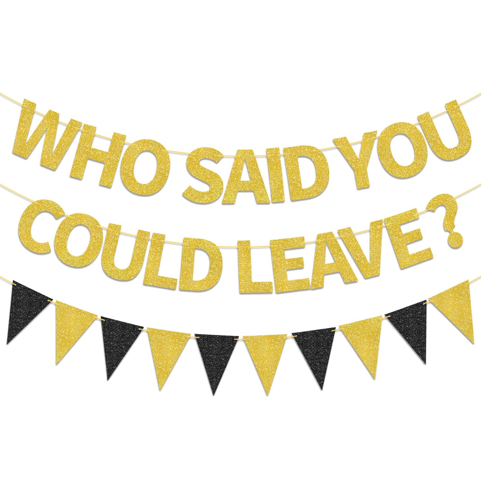 BLMHTWO Pre-Strung Who Said You Could Leave Banner, Gold Black Glitter Retirement Going Away Goodbye Farewell Graduation Party Triangle Bunting Decorations Banner Sign for Men Women Coworker Leaving