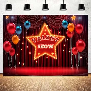 7 x 5 ft Talent Show Backdrop Golden Glitter Star Red Curtain Theme Movie Night Background Kids Boys Girls Performance Magic Shows Talent Party Banner Photoshoot Studio Booth Props