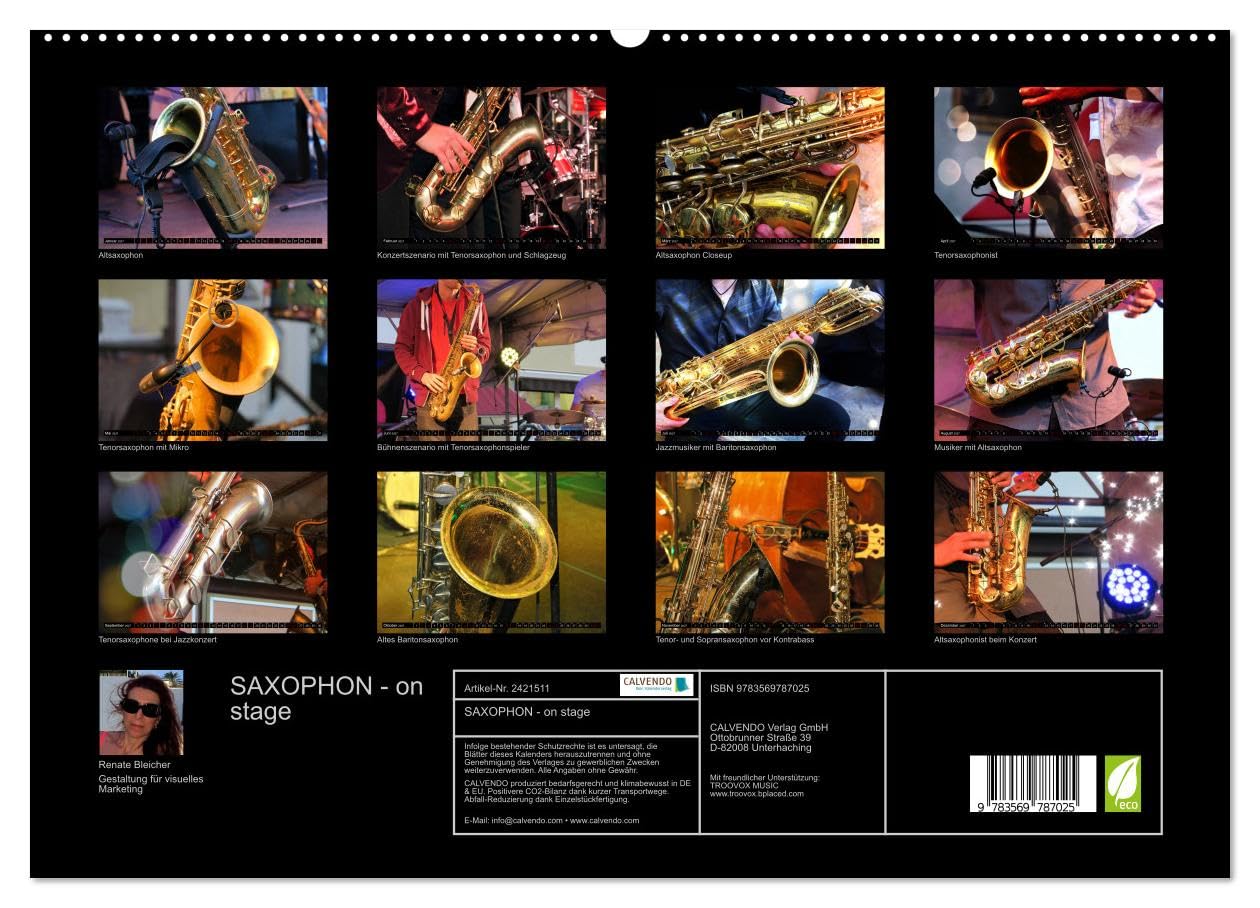 CALVENDO - SAXOPHON - on stage (hochwertiger Premium Wandkalender 2027 DIN A2 quer), Kunstdruck in Hochglanz: Konzertfotografien und Detailansichten verschiedener Saxophone