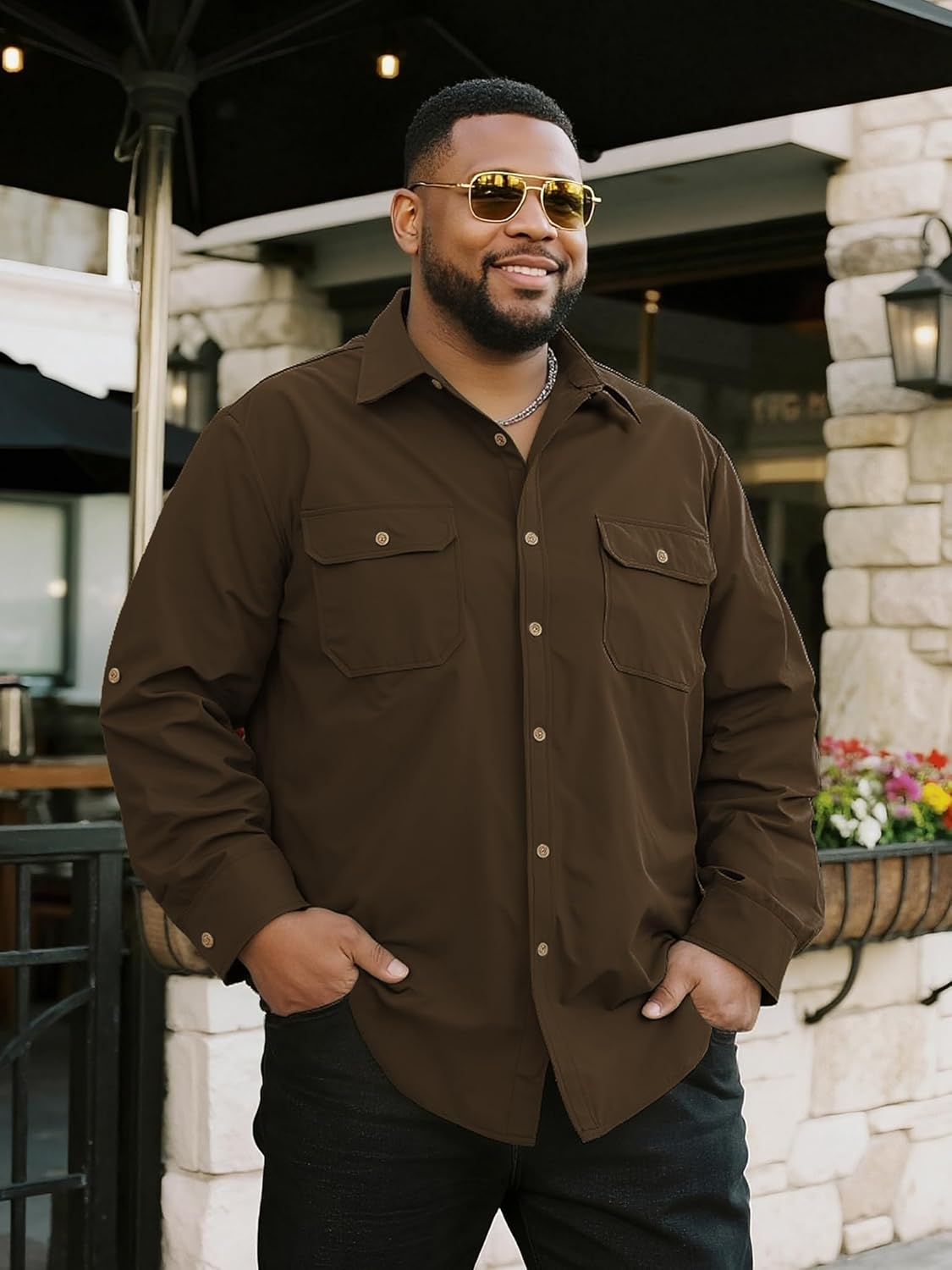 Big and Tall Shirts for Men,Button Down Work Shirt with Roll-Up Sleeves and Utility Pockets,Casual Outdoor Western Fit - Image 2