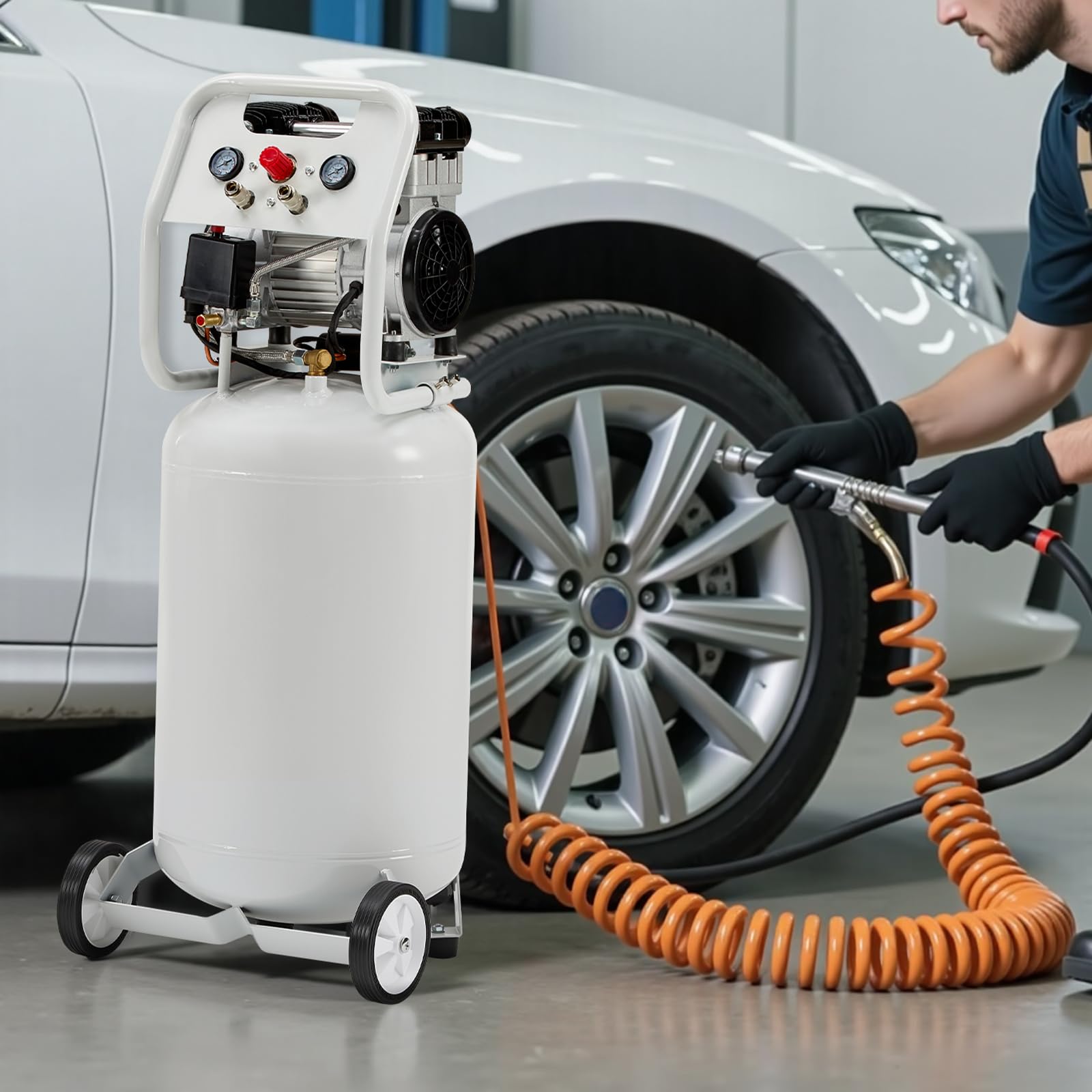 LUXOAK Vertikaler Luftkompressor 75L, 8 Bar 1340W / 1.8 PS, Ölfreier Doppelzylinder Flüsterkompressor mit Rädern – Leise & mobil für Werkstatt und Garage
