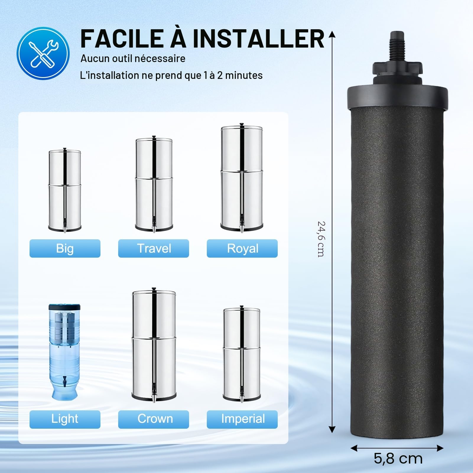 Filtre à eau de rechange, 2 filtre berkey à eau à charbon actif pour filtration par gravité, charbon actif eau purificateur d'éléments de purification pour extérieur filtre eau maison