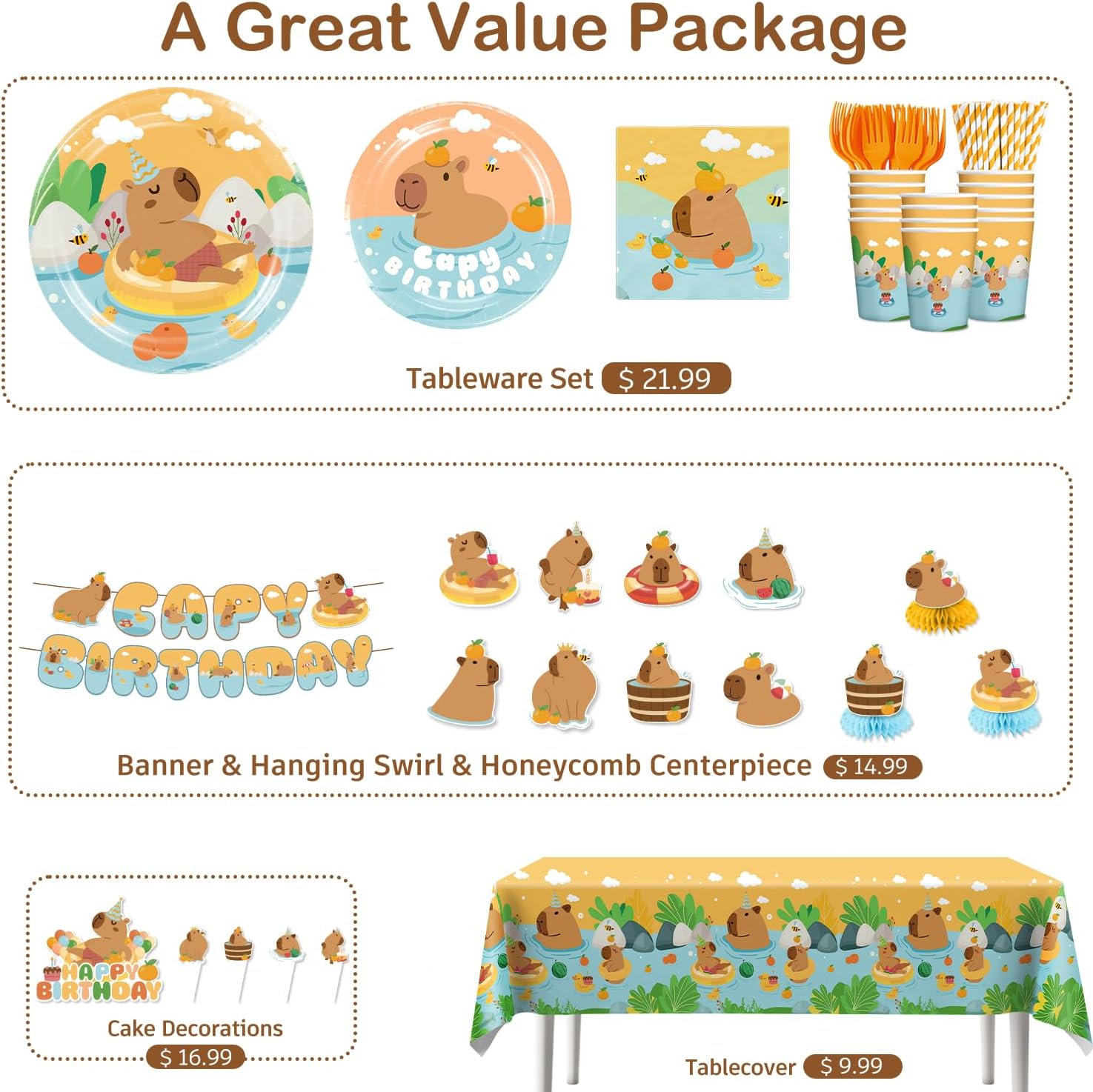 213 PCS Capybara Birthday Decorations Tableware Set, Includes Banner, Cake Topper, Balloons, Plates and Napkins for Capybara Birthday Party, Service 25 Guests - Image 4