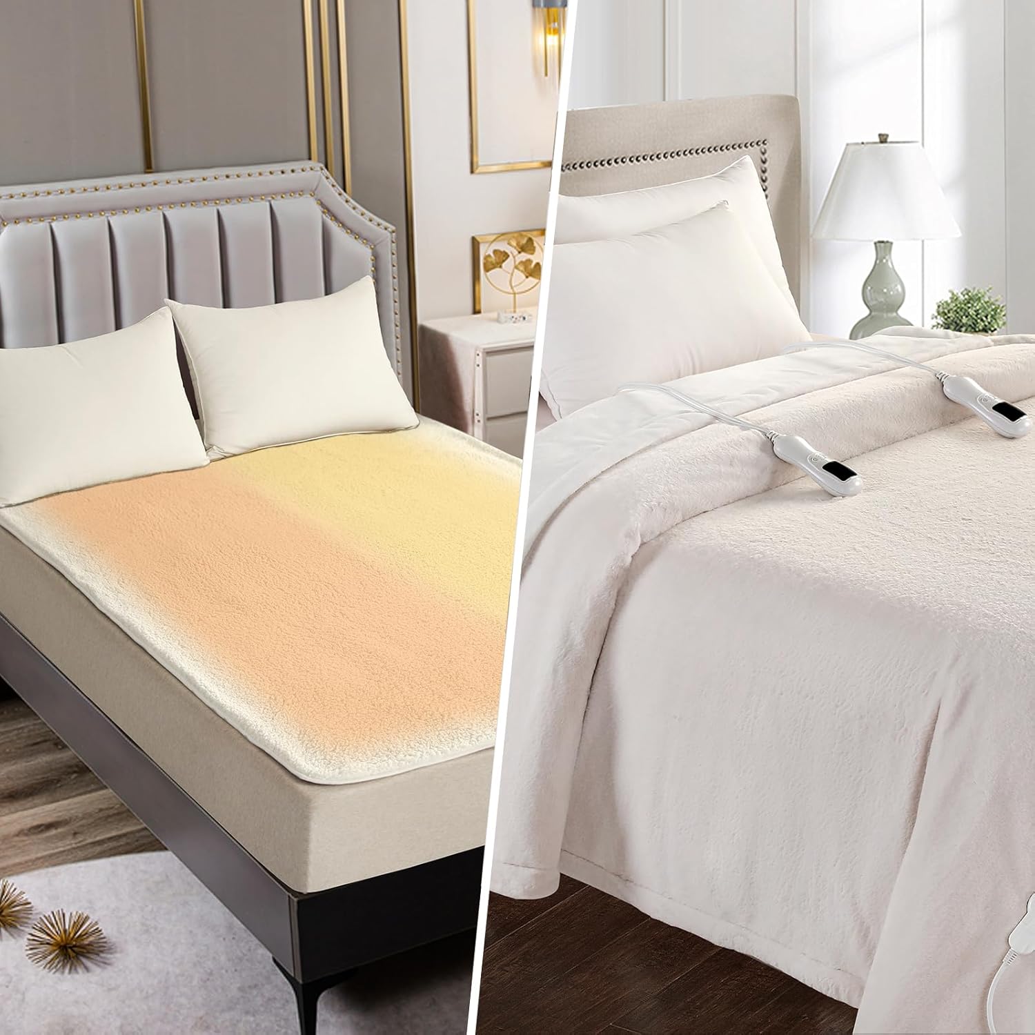 Heated Mattress Pad Queen Size, 60" x 80" Cream, Heated Blanket Electric Queen Size, 84" x 90” Blush White, Mattress Cover,Thick Underblanket Sheet Heater Topper, Adjustable Heating Levels