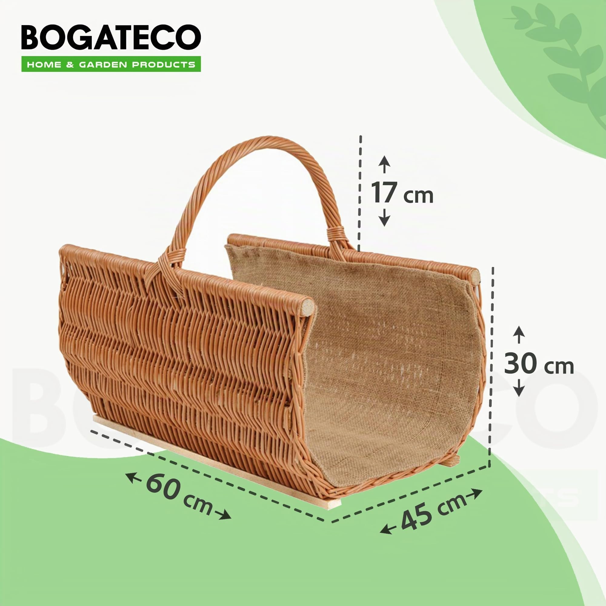 BOGATECO Cesta de mimbre con asa, cesta grande para chimenea, 60 x 45 x 30 cm, tejida a mano, cesta de madera con refuerzo